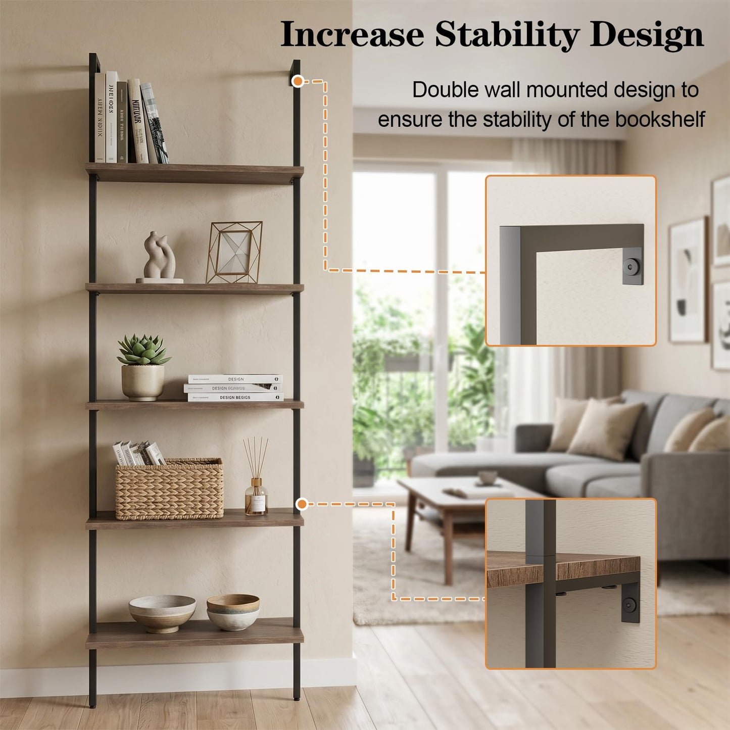 Wolawu 5 Tiers Ladder Shelf Brown Modern Bookshelf Open Tall Wall Mount Bookcase Standing Leaning Wall Shelves Industrial Decorative Living Room Bed Room