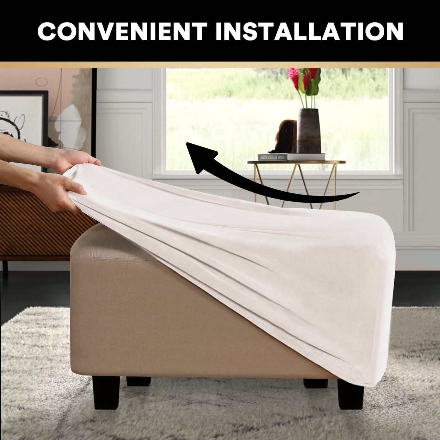 PrinceDeco Real Velvet Plush Ottoman Cover Soft Rectangle Folding Storage Covers Furniture Protector Removable Footstool Protect Footrest Covers Elastic Bottom(Large, Ivory)