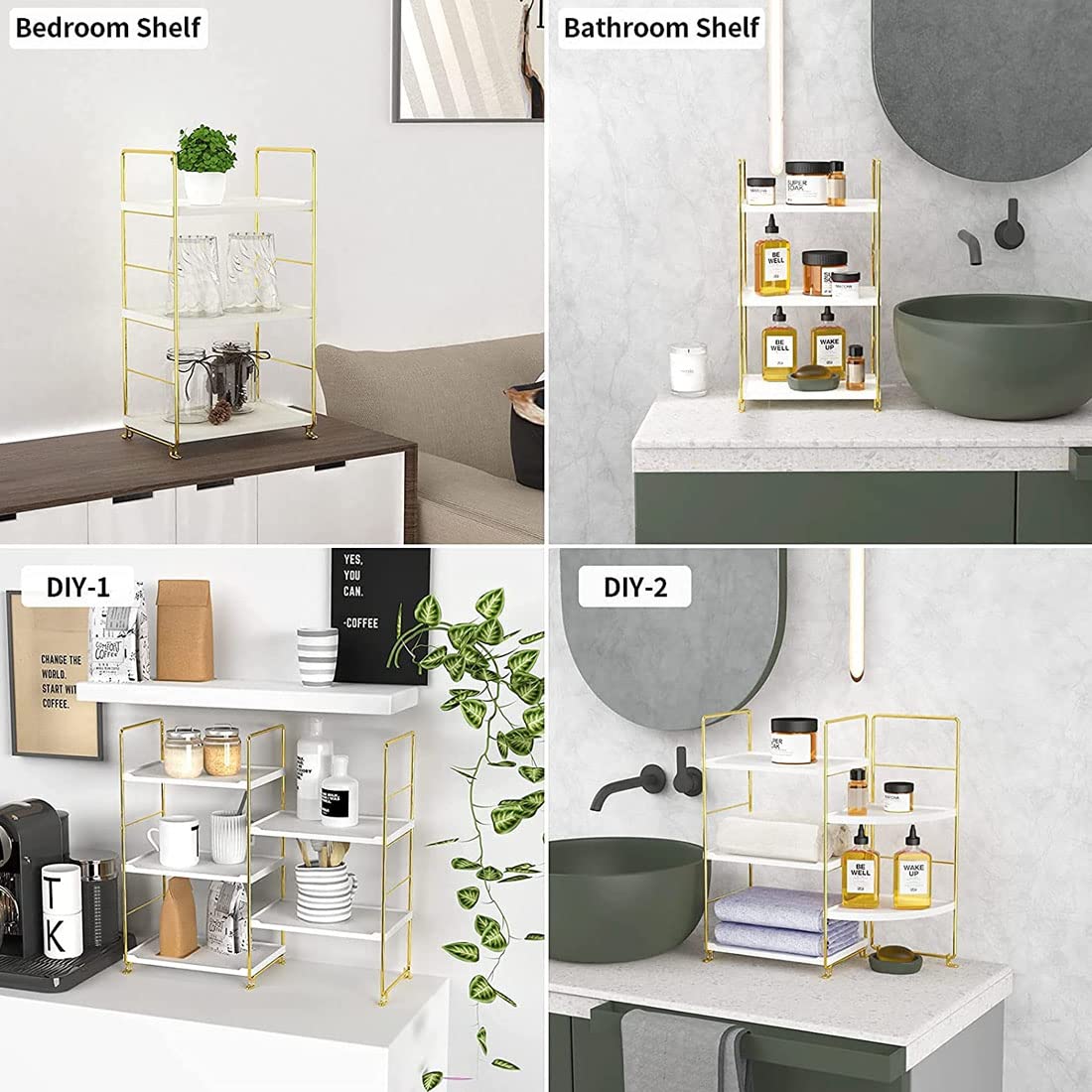 kaileyouxiangongsi 3-Tier Kitchen Spice Rack, Freestanding Stackable Organizer Shelf, Bathroom Countertop Storage Shelf, Cosmetic Organizer Holder, Square Standing Rack (Golden)
