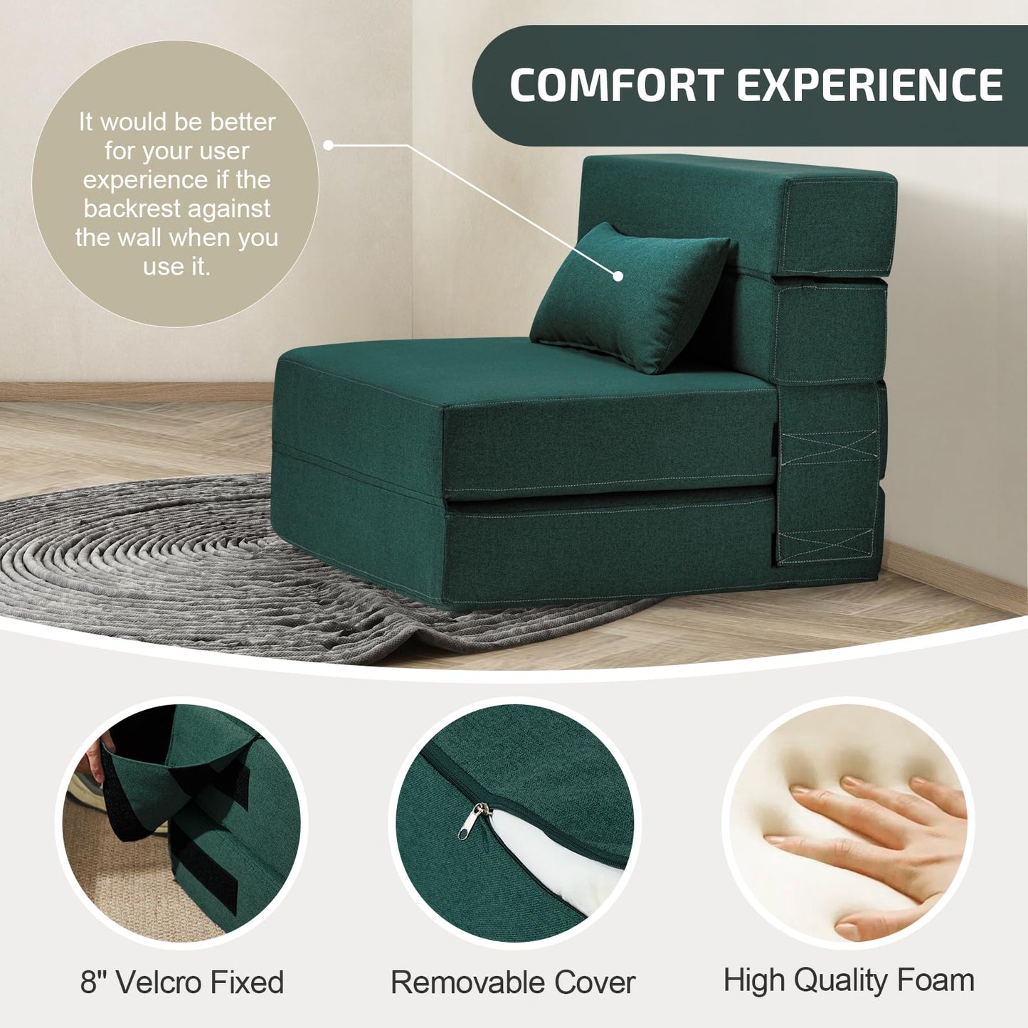 SUYOLS Folding Sofa Bed with Pillow- Convertible Chair Floor Couch & Sleeping Mattress, Foldable Memory Foam Sleeper for Living Room/Dorm/Guest Room/Home Office/Apartment/Loft, Single28, Dark Green