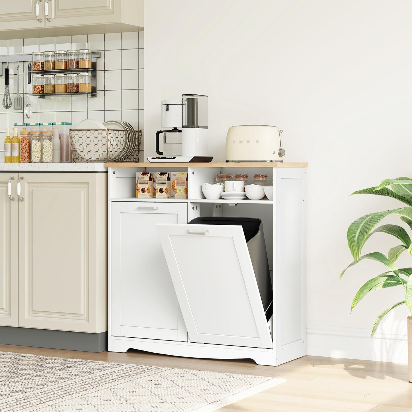 HOOBRO Double Tilt Out Trash Can Cabinet, 20 Gallon Kitchen Trash Bin Cabinet, Hidden Trash Storage with Open Compartments, Hidden Laundry Hamper, for Kitchen, Laundry, White and Natural WN04LJ01
