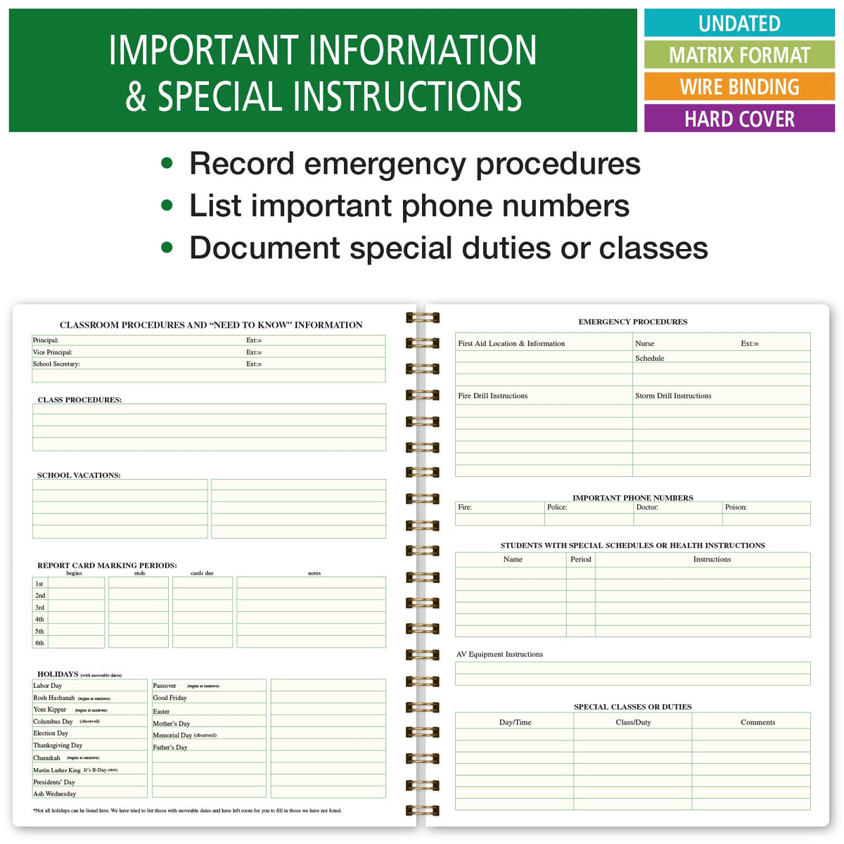 Elan Publishing Company HARDCOVER Combination Plan and Record Book: One efficient 8.5" x 11" Book for Lesson Plans and Grades Combines W101 and R1010 with Bonus Clip-in Bookmark (Rainbow Gold Marble)