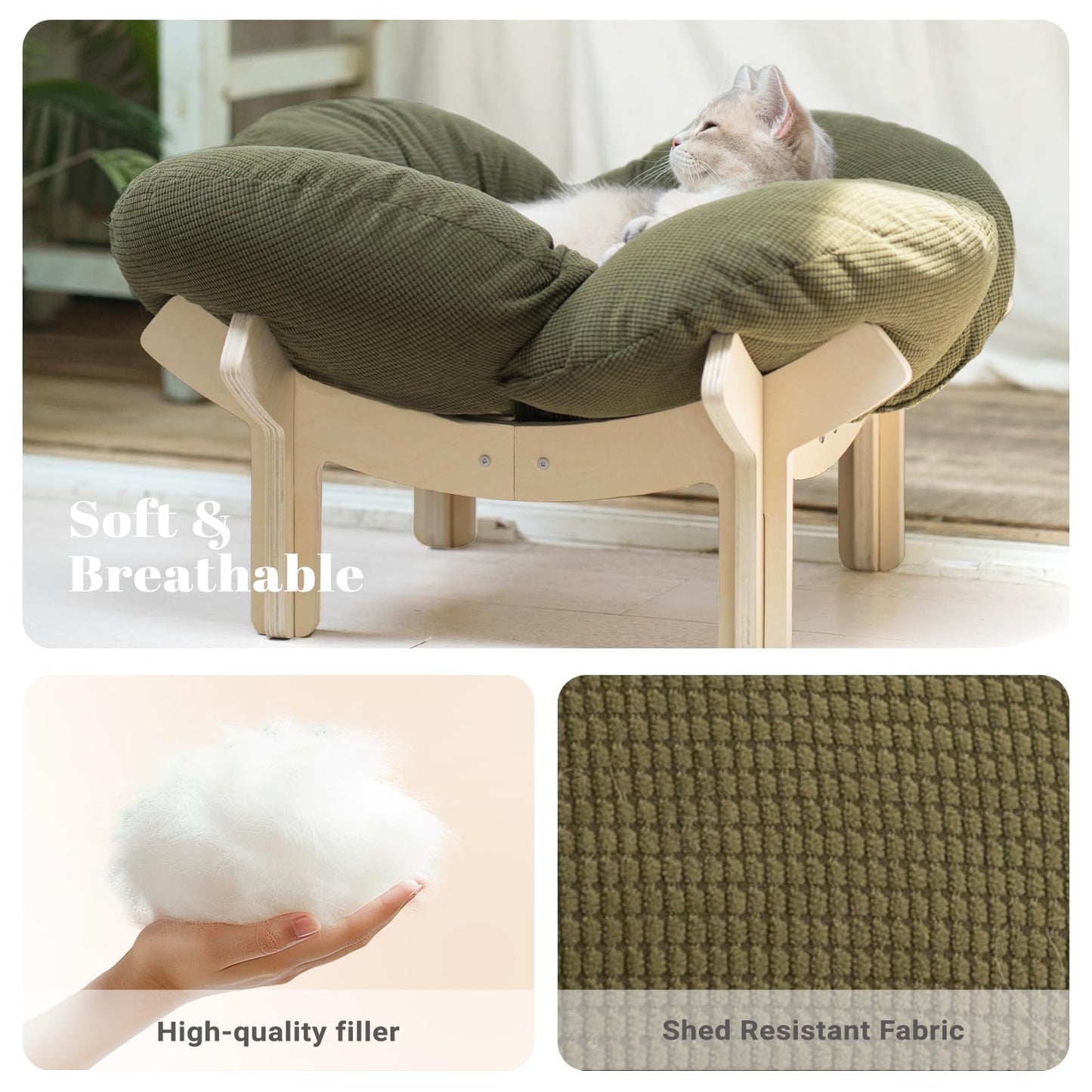 CHEERHOME PETS Elevated Cat Bed Wooden with Cushion Fluffy Pet Couch Sofa for Indoor Cats Raised Kitty Lounge Chair Suitable for Puppy, Cat Furniture(Green)