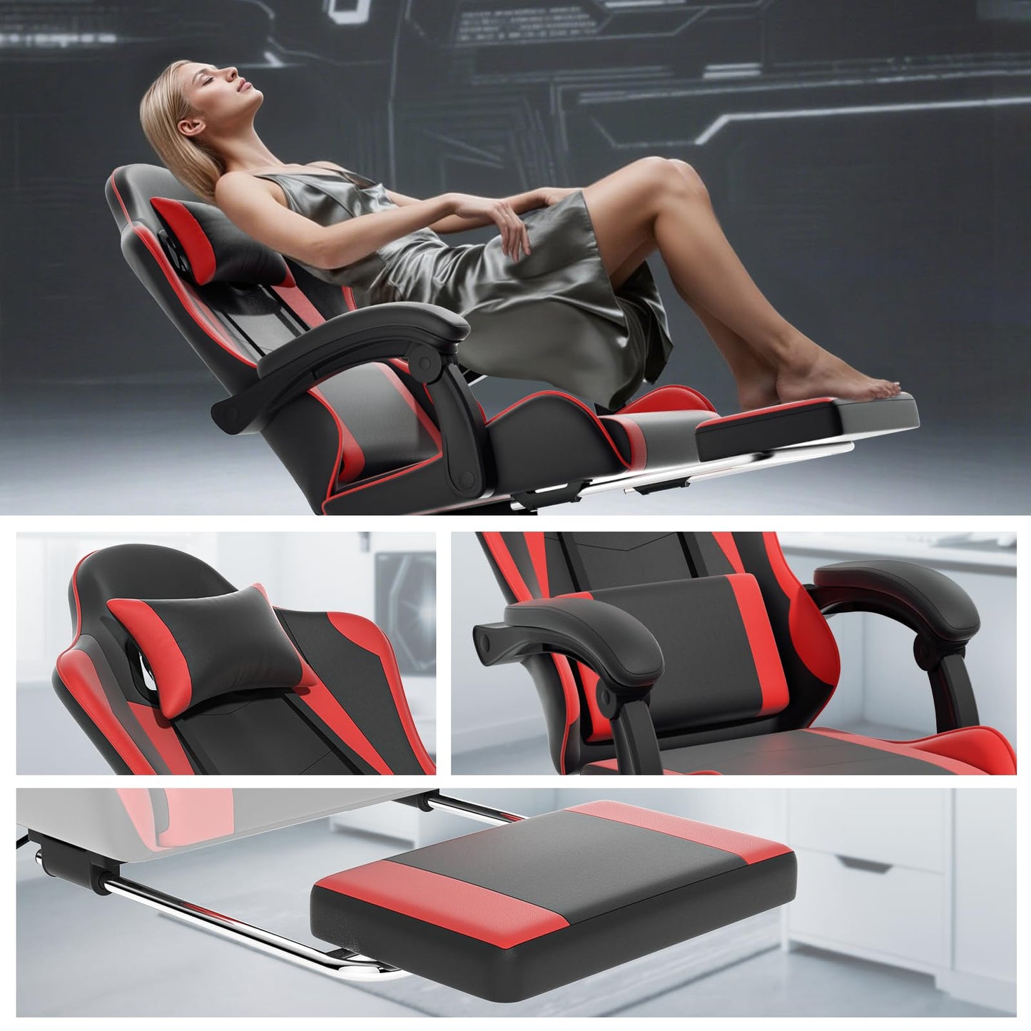 Athena Collection Ergonomic Gaming Chair with Footrest & Headrest Lumbar Support, Height Adjustable Swivel Office Chair Reclining Game Chair Leather High Back Computer Chair for Adults, Red
