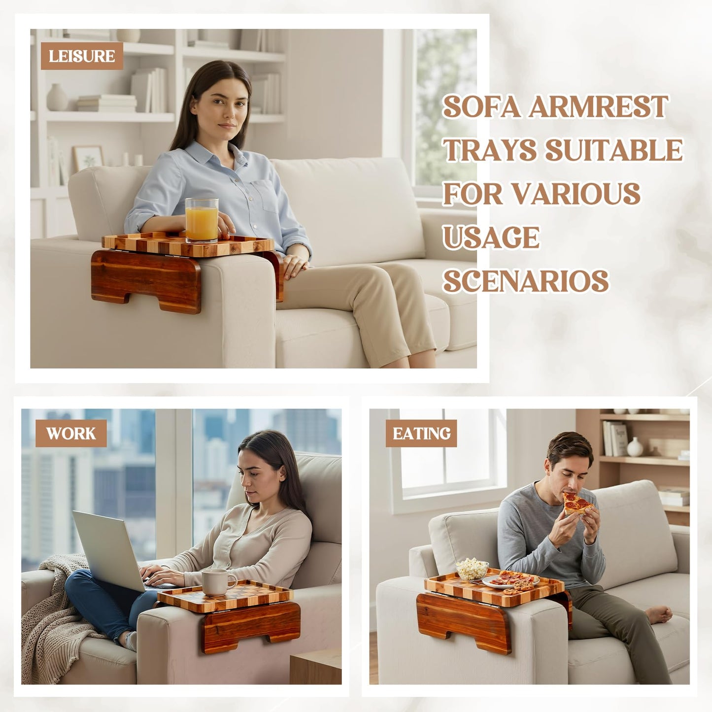 Kathfly Acacia Wood Checkered Sofa Armrest Tray, 13.75" x 9.5" Double Hinge Couch Arm Table, Clip on Sofa Arm Tray, Wooden Side Table for Food Snack Remotes Living Room Decor Mother's Day