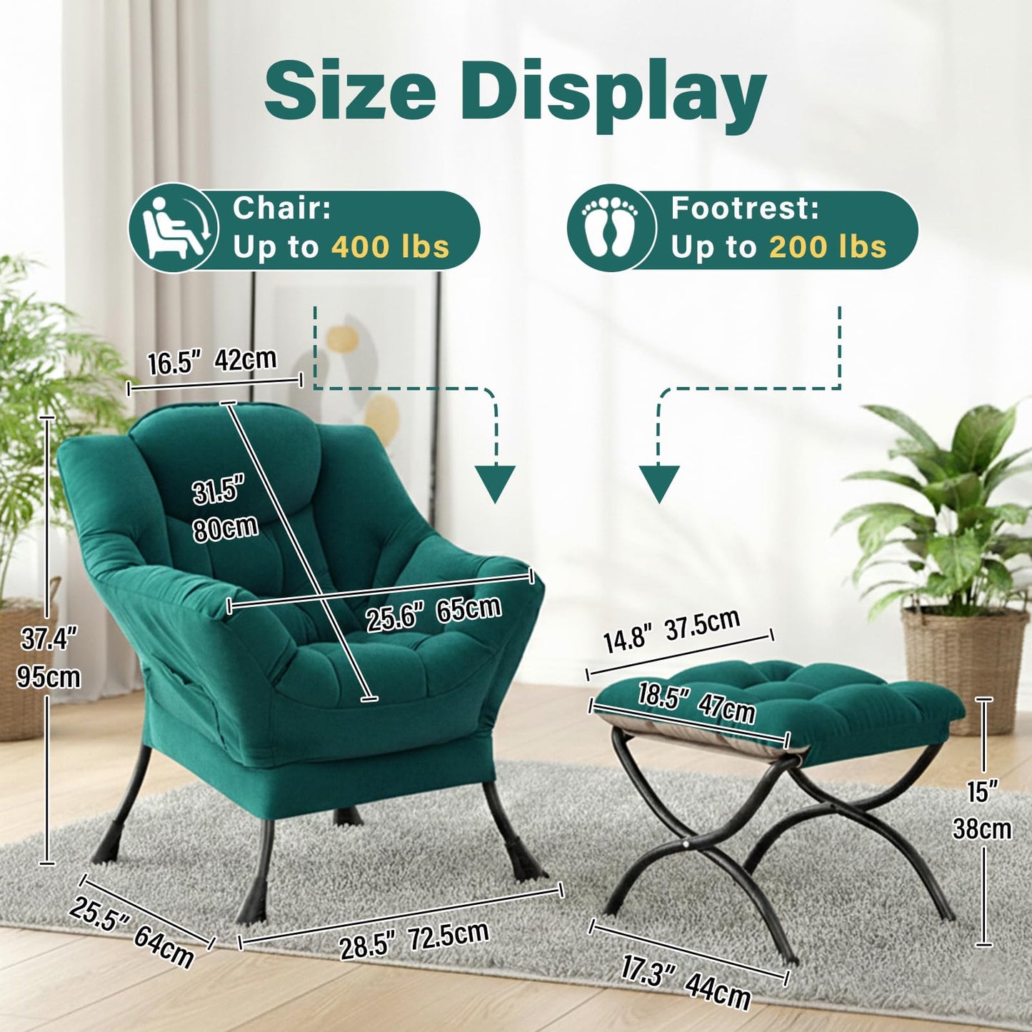 Givjoy Lazy Chair and Ottoman, Large Green Velvet Accent Chair with Side Pocket, Modern Leisure Upholstered Sofa Reading Armchair with Footrest for Office, Bedroom, Living Room, Dorm Rooms, Balcony