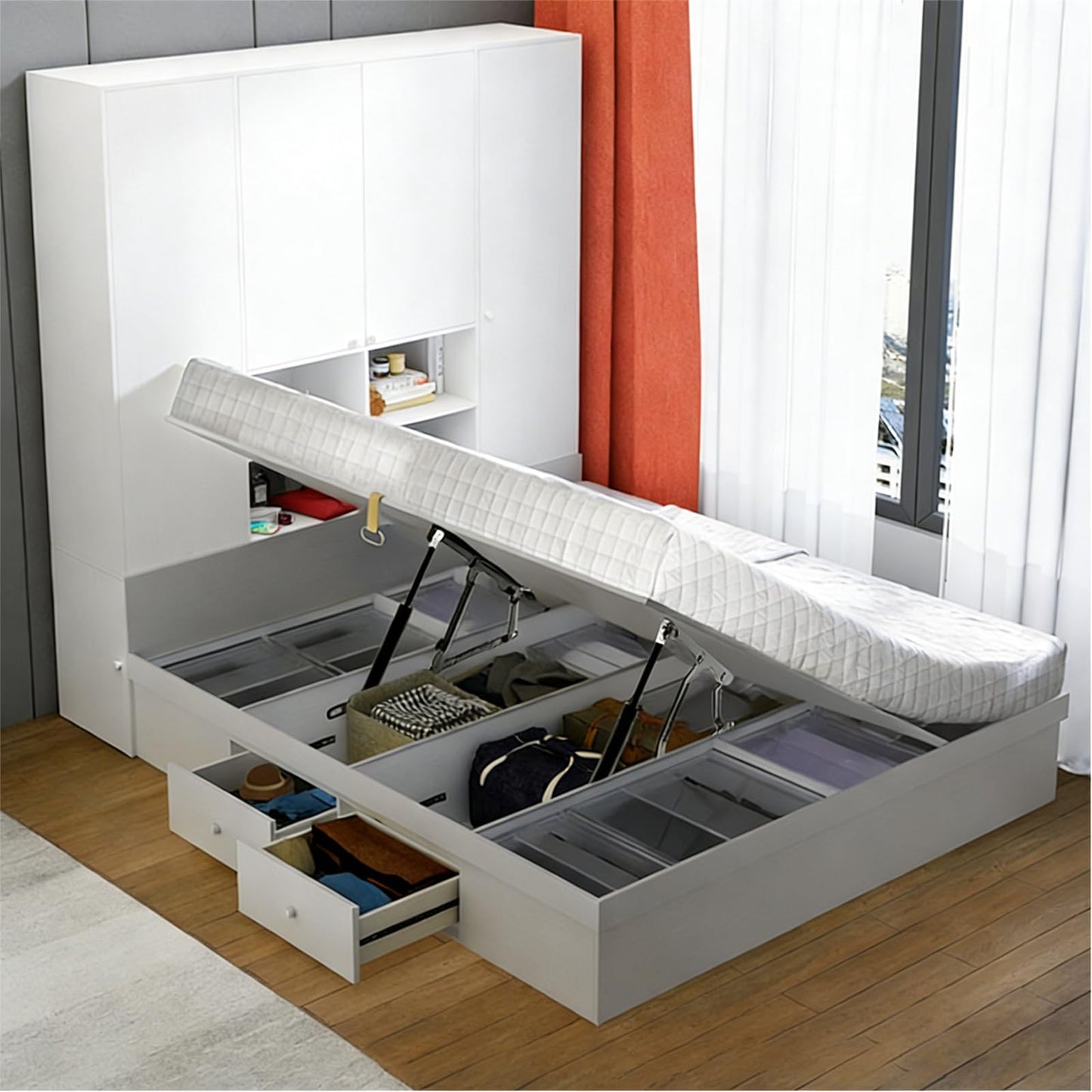 JinBoCheng 2 Pack Heavy Duty Hydraulic Bed Lift Mechanism,66kg Load Capacity,Foldable Spring HingeDesign forhydraulic Lift up Storage Bed Lifting Gas Spring or Sofa Bed kit Space Saving Project