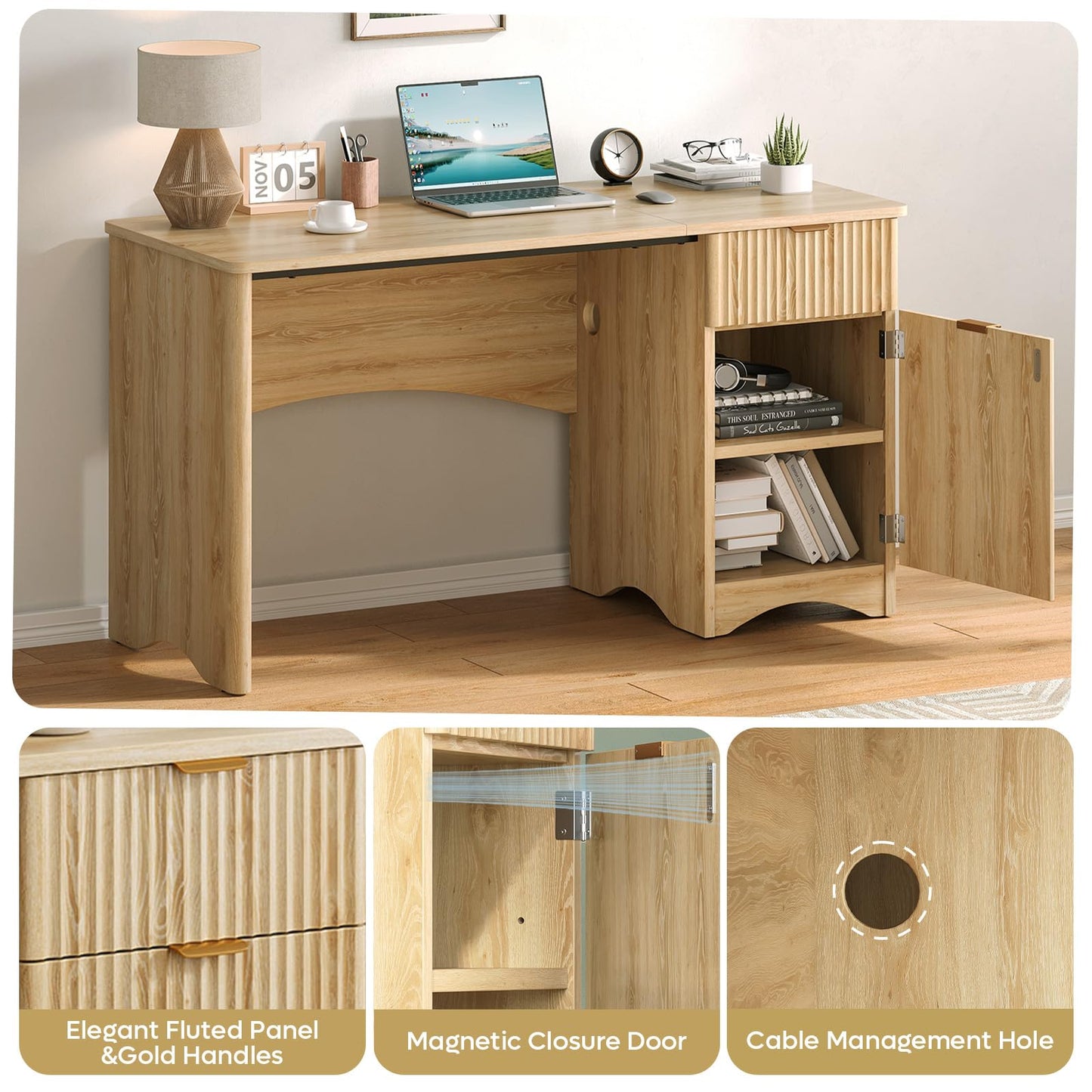 Bestier 47 inch Fluted Computer Desk with Drawer, Office Desk with File Cabinet, Modern Wood Desk with Storage Cabinet for Home Office Bedroom Study, Natual Oak