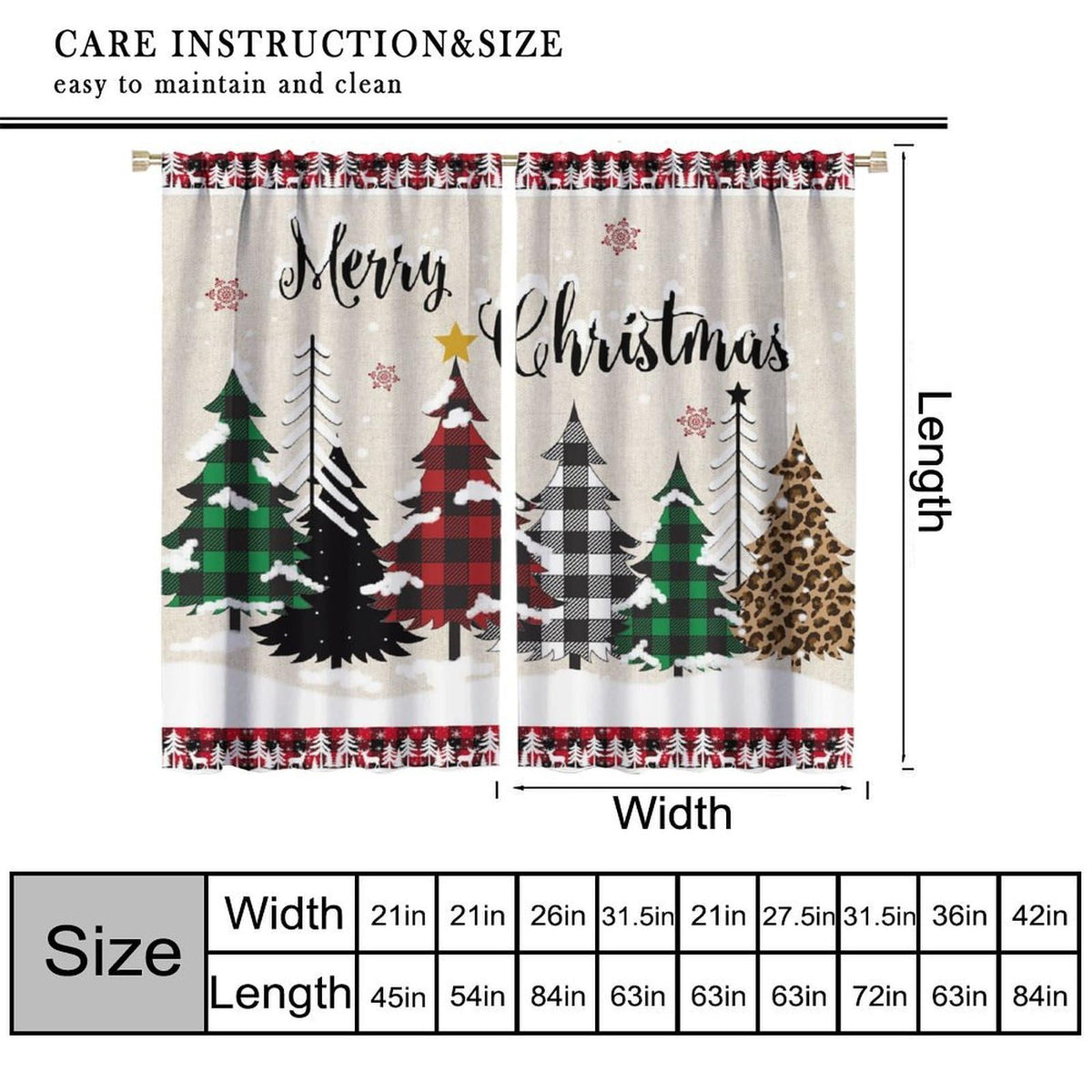 Christmas Tree Curtain Farmhouse Buffalo Plaid Xmas Tree Winter Cabin Snowflake Holiday Window Treatment for Living Room Bedroom Kitchen Cafe Study Dinin Merry Christmas Decor Window Drapes 42"W X 45"