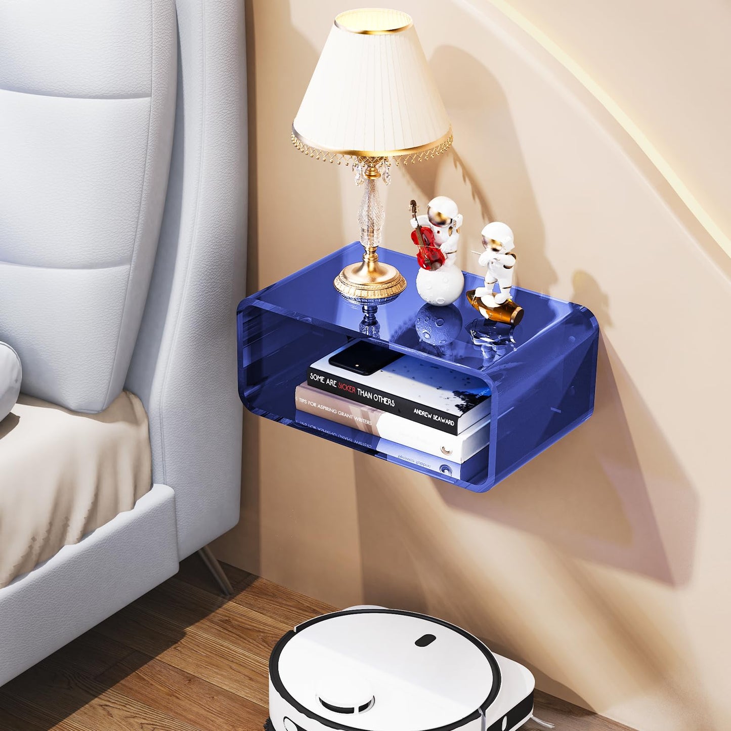 Acrylic Floating Nightstand, Bedside Table, Nightstand Shelf Wall Mounted Bedside Shelf (Dark Blue, Small)