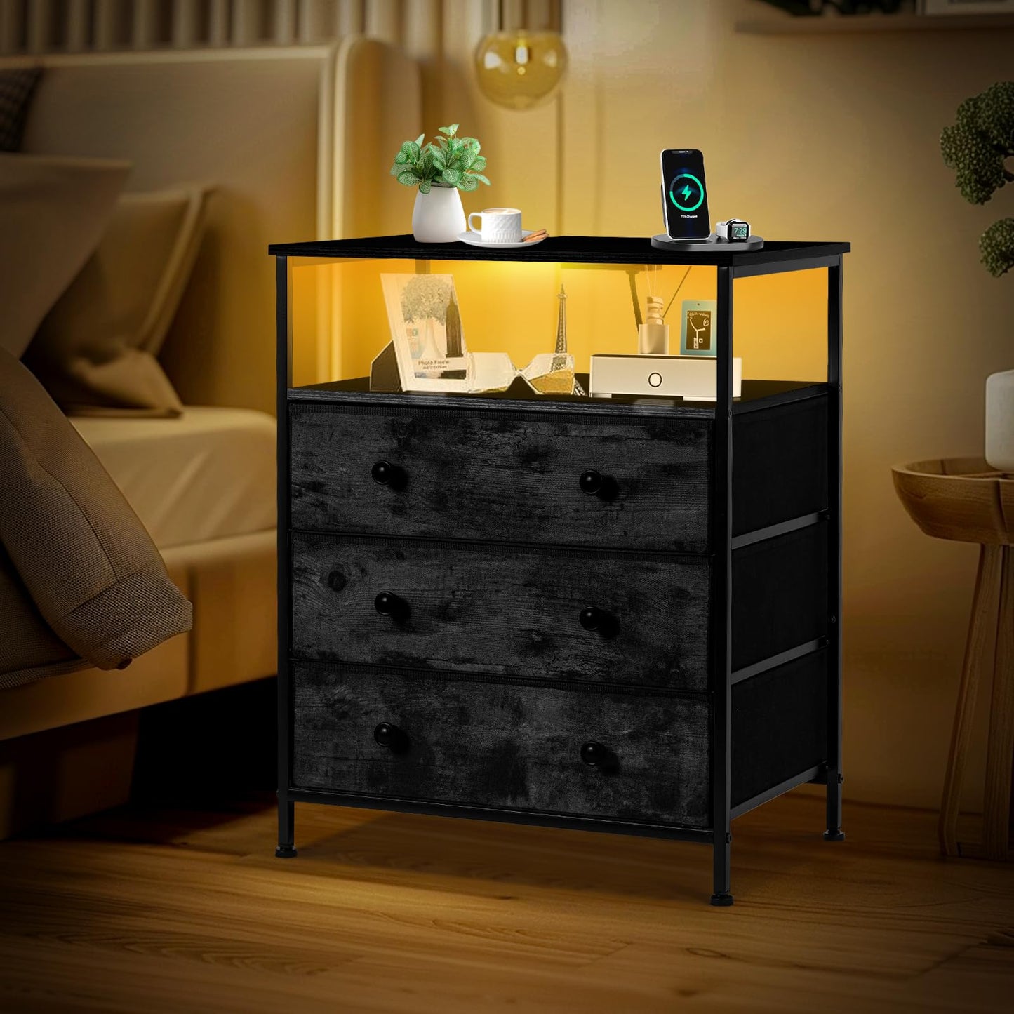 PATAVOT 3 Drawers Dresser with Charging Station, 24 Inch Wide LED Night Stand with Adjustable Fabric Drawer, Nightstand with Storage Shelf for Living Room/Bedroom/Office, Black.