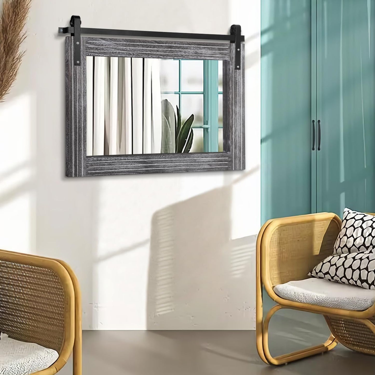 AAZZKANG Rustic Wall Mirror with Wood Framed Barn Door Mirror Rectangular Bathroom Mirror 18"x26" Bedroom Living Room Entrance Vanity Mirror Horizontal