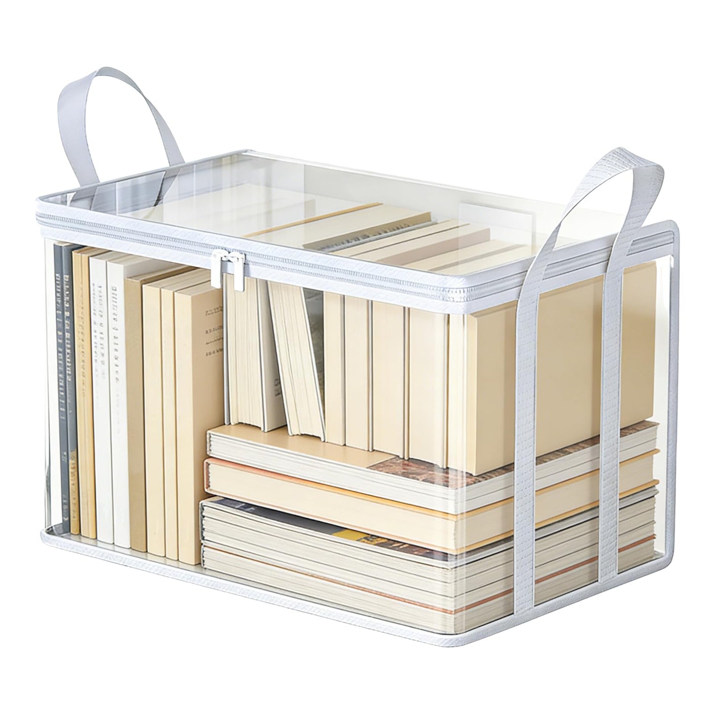 Clear Book Storage Bag with Reinforced Handles - Heavy Duty Plastic Comic Book Organizer & DVD Storage Bin - Collapsible Media Tote with Zipper Lid for Books, Journals and Albums - 15" x 9.5" x 12.5"