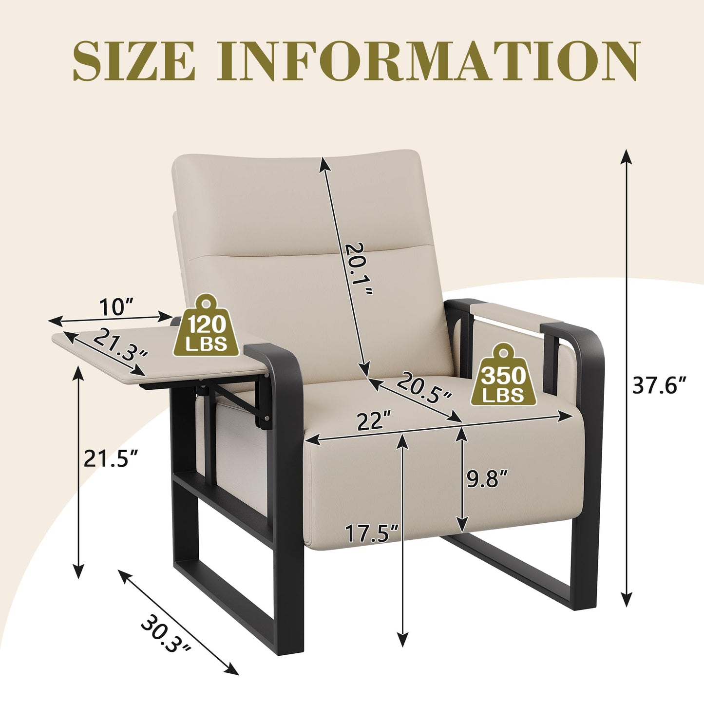 Apeaka Modern Accent Chair PU Leather Upholstered Armchair with Tray Table for Bedroom Living Room Chairs Office Chair Beige