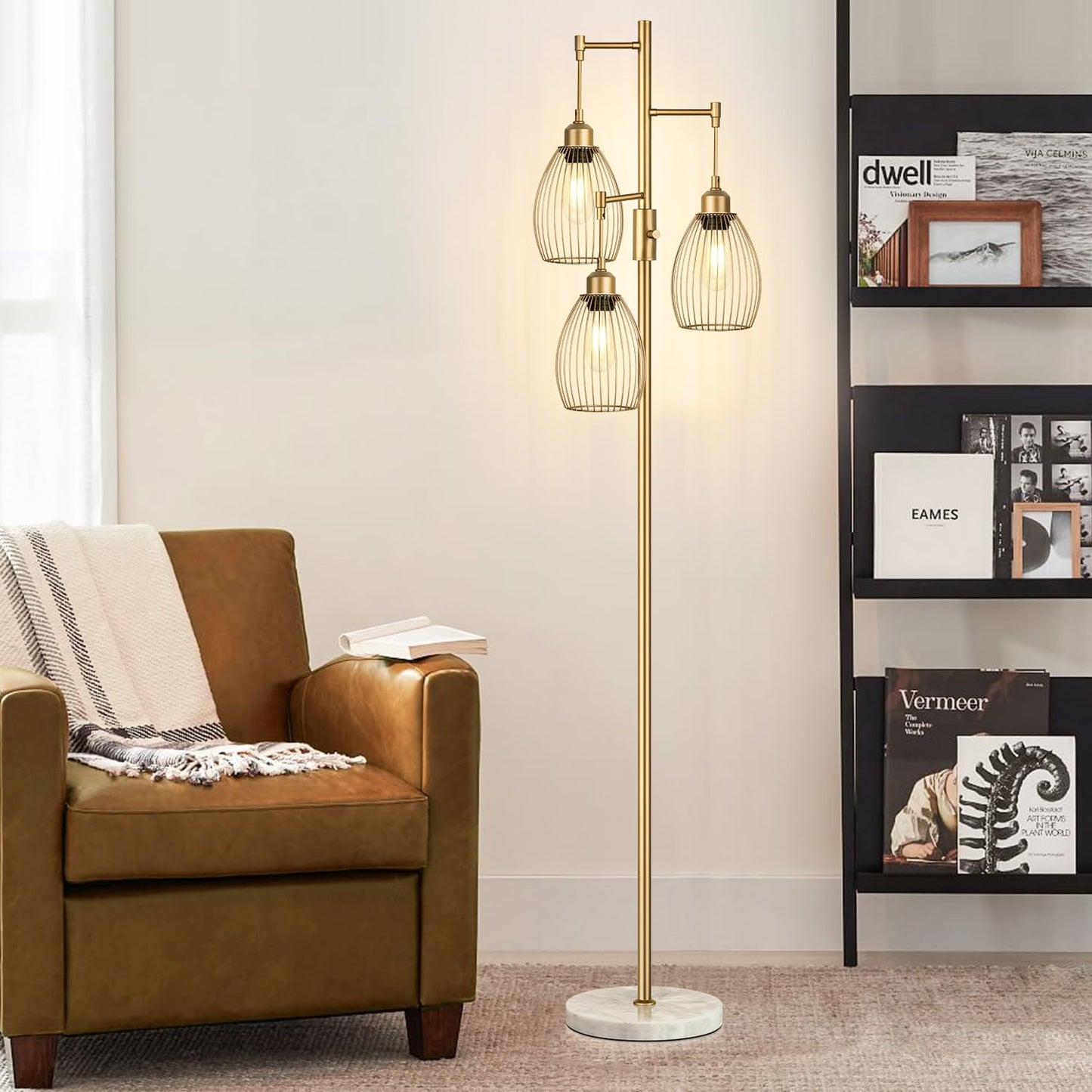 Torondo Dimmable Floor Lamps for Living Room, Industrial Standing Lamp with Marble Base, Gold Tree Tall Pole Light with 3 Elegant Teardrop Cage Head & 800 Lumens LED Bulbs for Bedroom Office