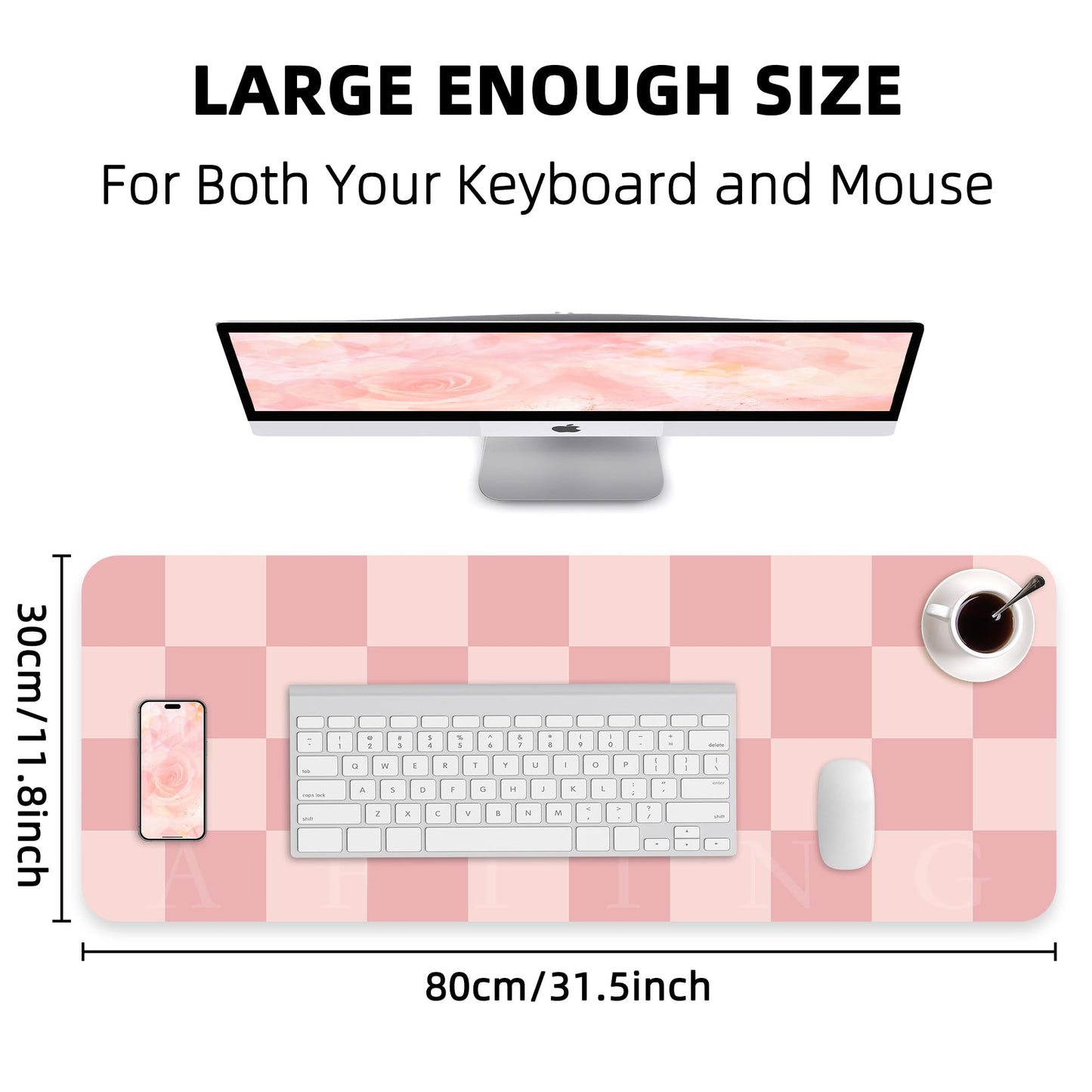 AFIING Pink Checkered Desk Mat, Cute Desk Accessories for Women, Waterproof PU Leather Desk Pad, Large Mouse Pad, Aesthetic Desk Decor for Home Office (31.5" x 12")