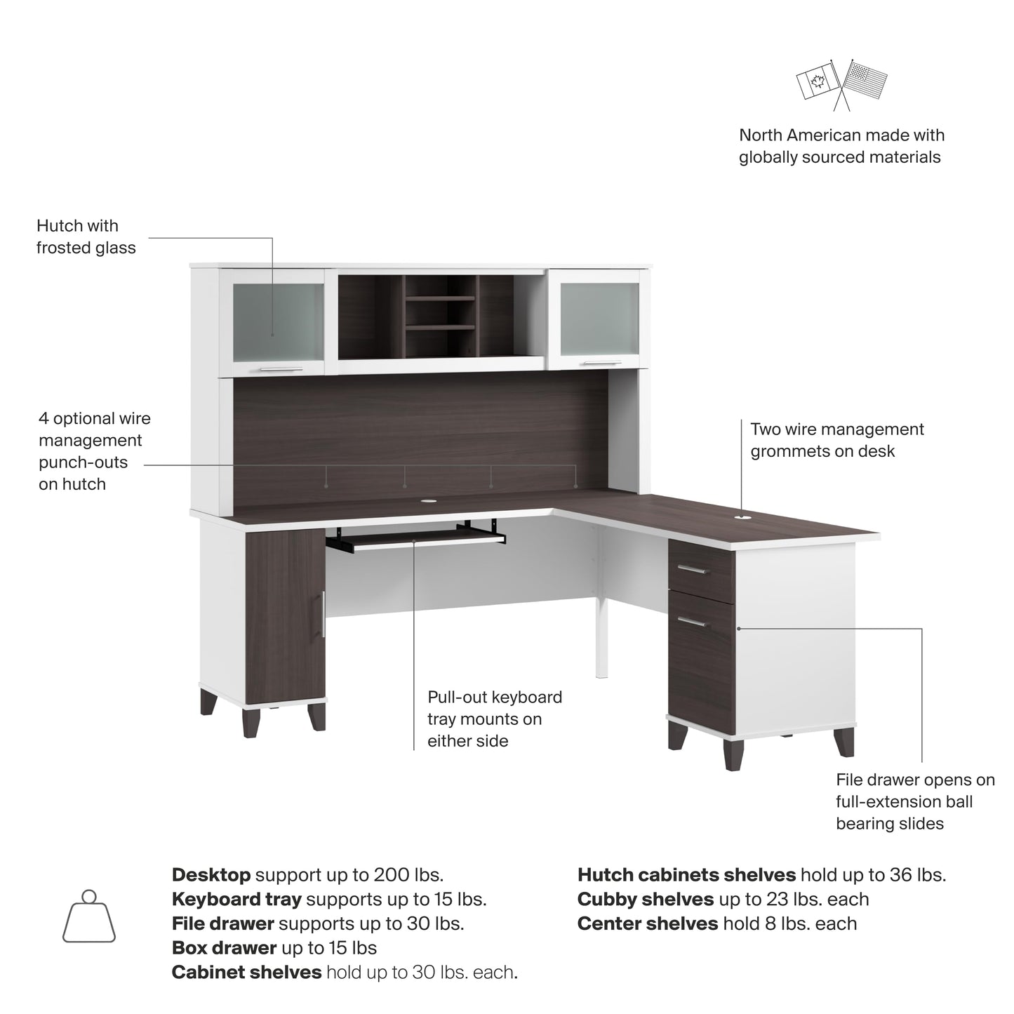 Bush Home 72-Inch L-Shaped Desk with Hutch, Corner Computer Office Desk with File and Box Drawers, Shelves and Storage Cabinet, Home Office Workstation, Somerset Collection, Storm Gray and White