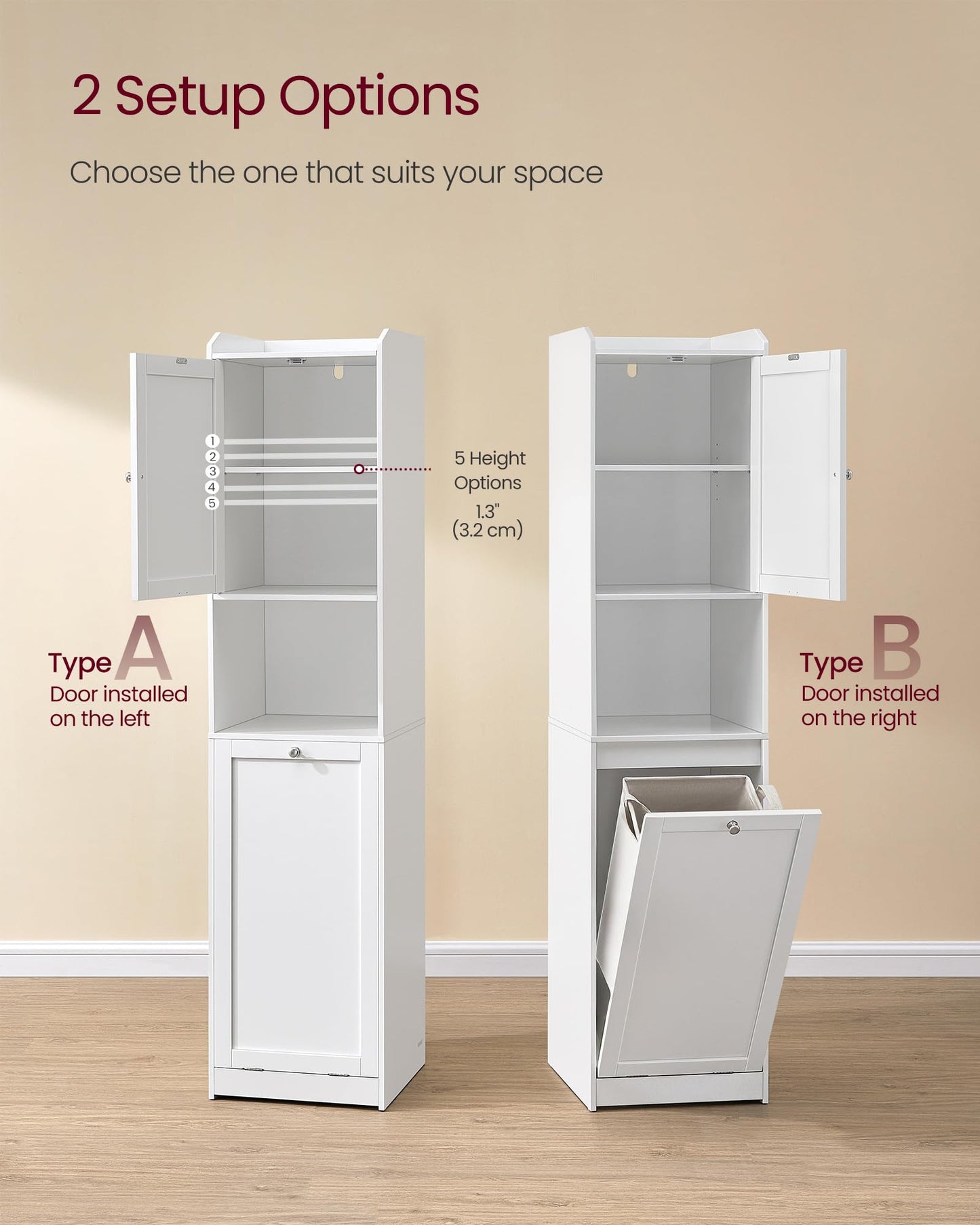 VASAGLE Tall Storage Cabinet, Storage Unit with Removable Laundry Basket, Compartment and Cabinet, for Bathroom, Living Room, 15.8 x 15.8 x 66.9 Inches, Cloud White UBBC761W01