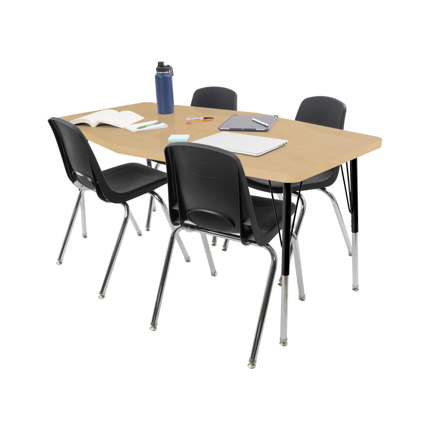 Factory Direct Partners FDP 34" x 60" Long Hexagon Thermofused Classroom Activity Table with Standard Swivel Glide, Adjustable Height 19"-30" - Maple Grain/Black - 15592-284