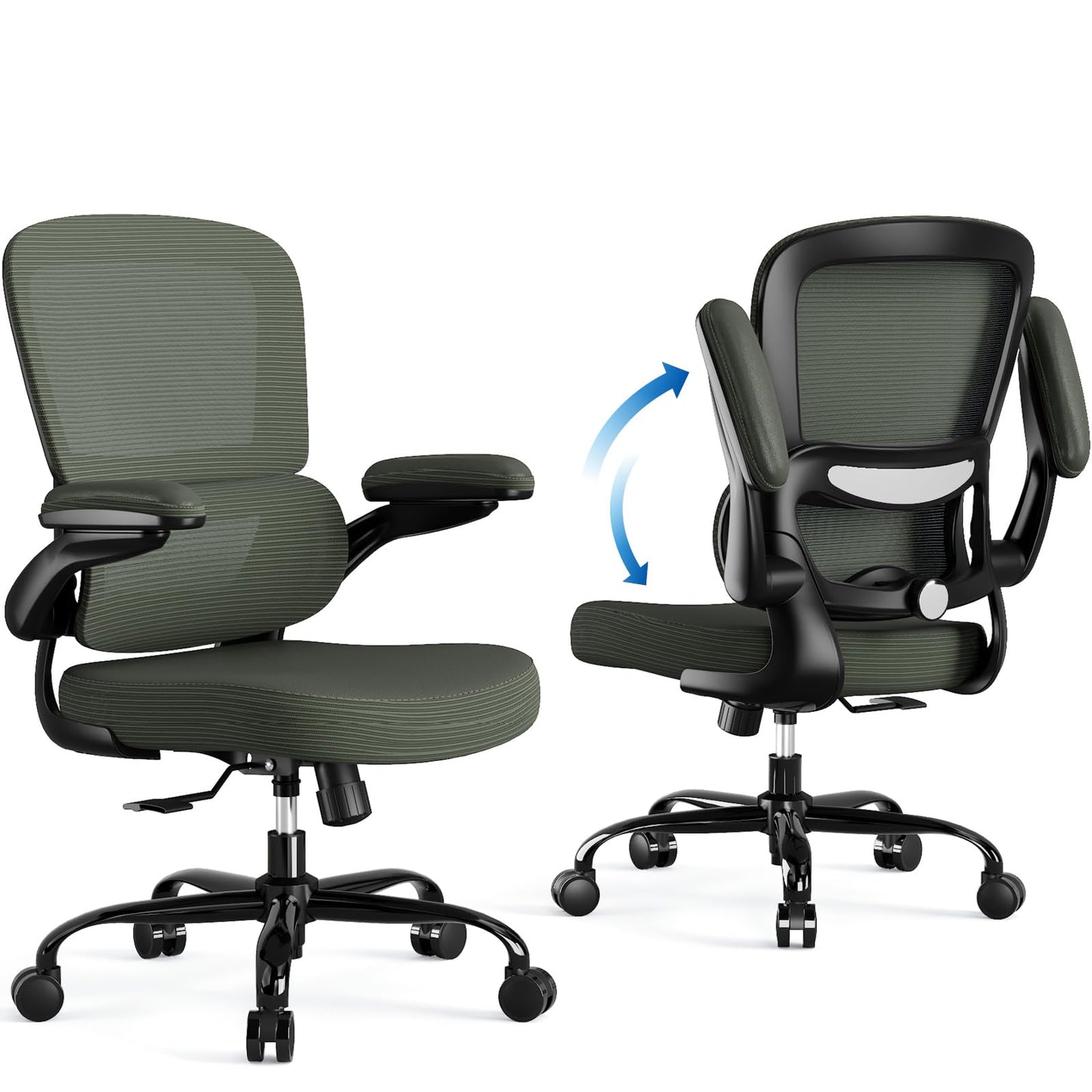TRALT Ergonomic Office Chair - Desk Chair with Adjustable Lumbar Support Computer Chair - Mesh Comfy Chair with Flip-up Armrests - Gaming Chairs for Adults Home Office (PU Leather, Dark Green)