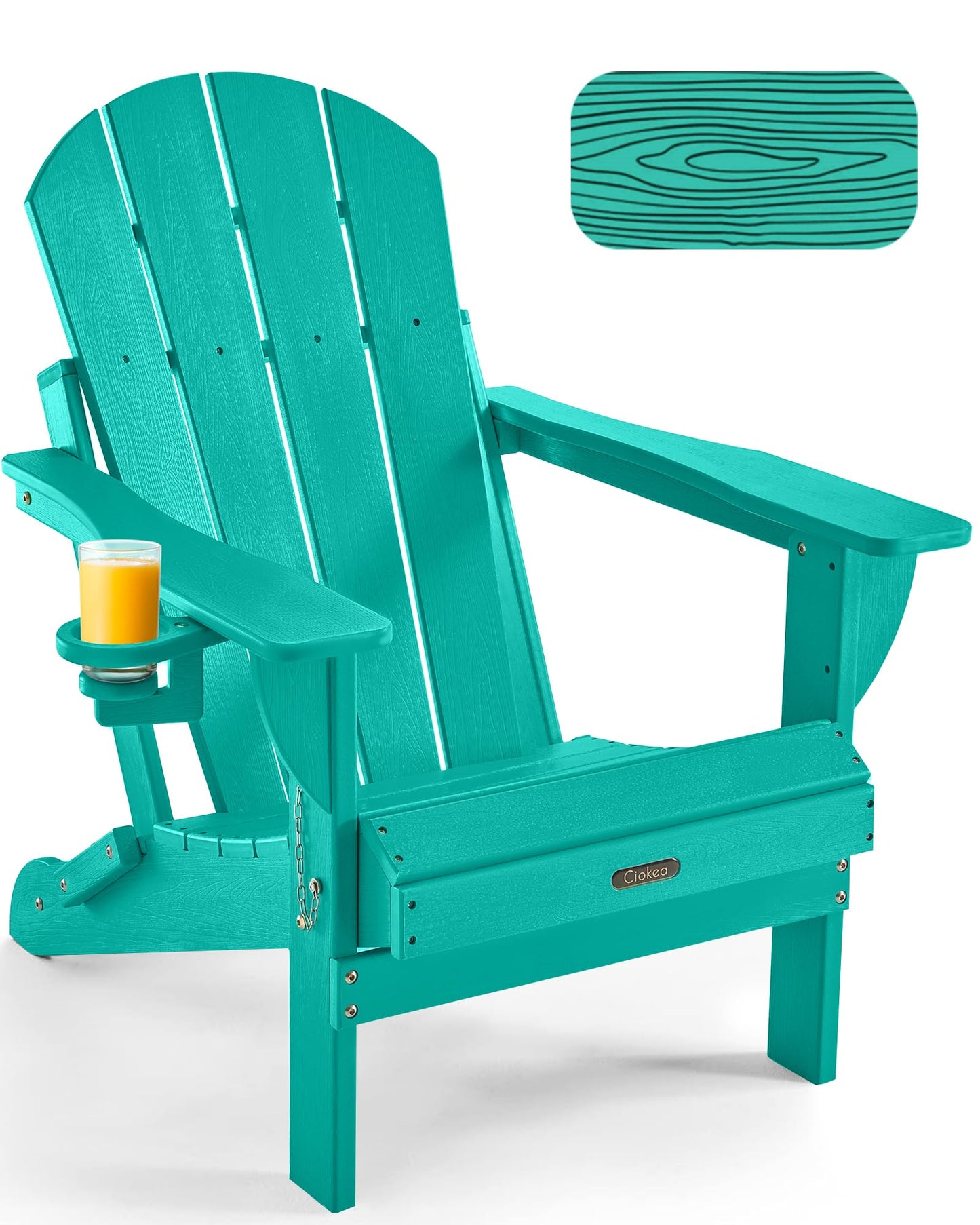 Ciokea Folding Adirondack Chair Wood Texture, Patio Adirondack Chair Weather Resistant, Plastic Fire Pit Chair with Cup Holder, Lawn Chair for Outdoor Porch Garden Backyard Deck (Lake Blue)