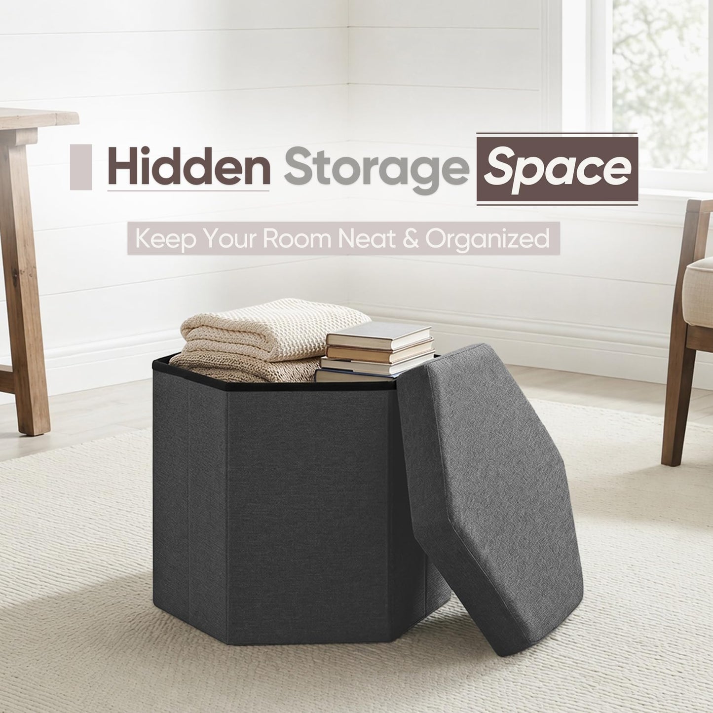 ZOLANOful Hexagon Storage Ottoman, Foldable Linen Footrest with Hidden Storage, Upholstered Ottoman Footstool for Living Room, Bedroom, Dorm, Entryway, 15 x 16.9 x 15 Inches, Grey