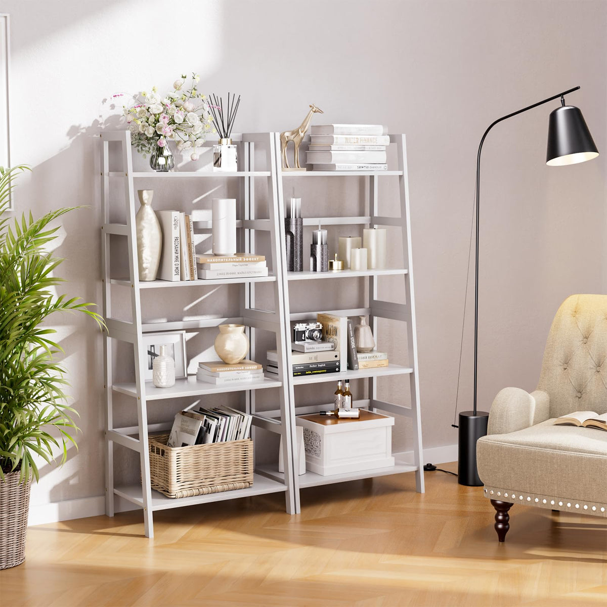 HITNET Ladder Shelf, 4 Tier Bookshelf, Floor Standing Bathroom Storage Rack with Bamboo Frame, Home Office Open Display Bookcase, White