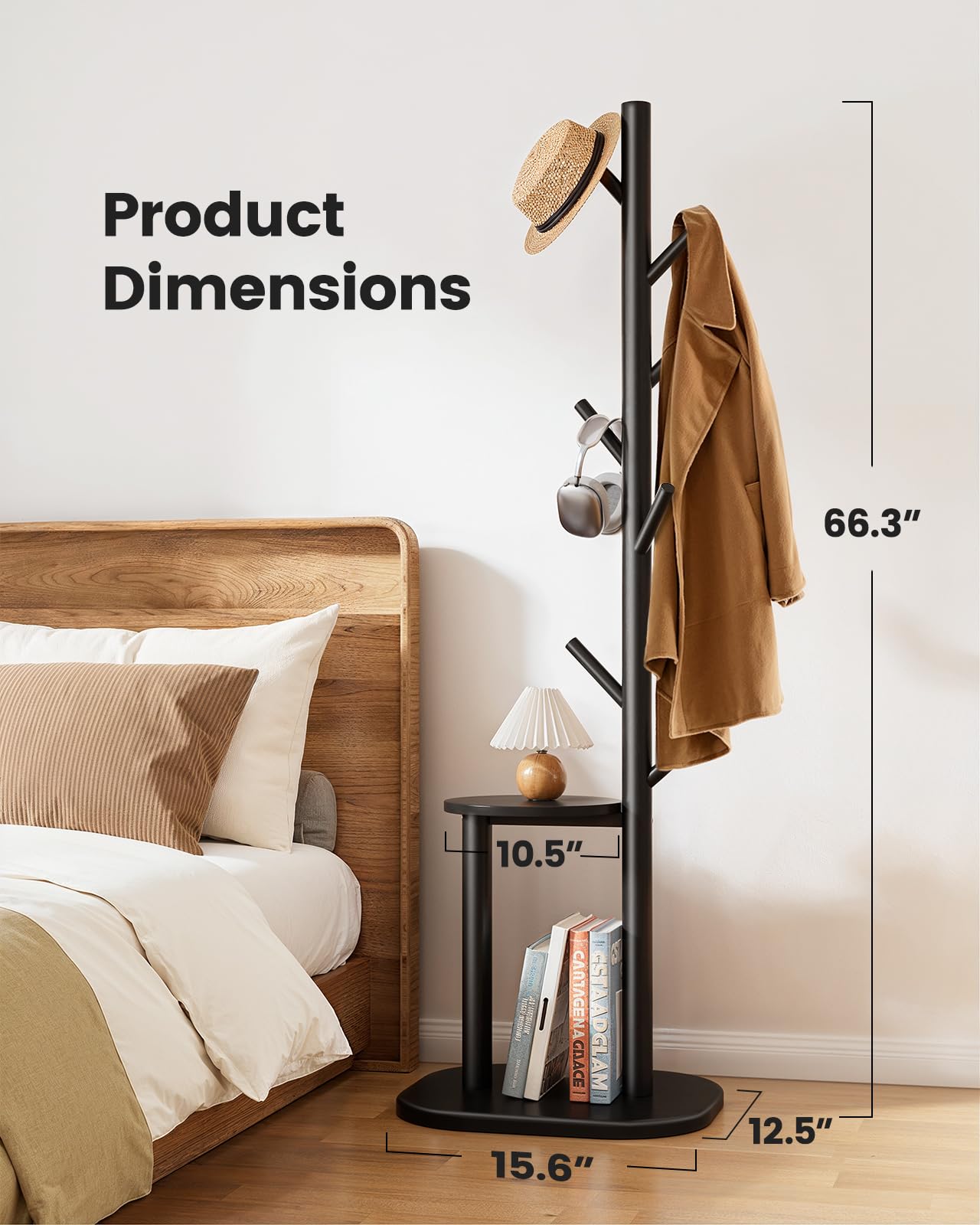 Pipishell Coat Rack, Freestanding Hall Tree with 8 Hooks & Storage Shelf, Solid Wood Base, 66.3″ Tall Coat Rack Stand for Coats, Hats, Bag in Entryway, Bedroom, Living Room, Black, PIFCR11B