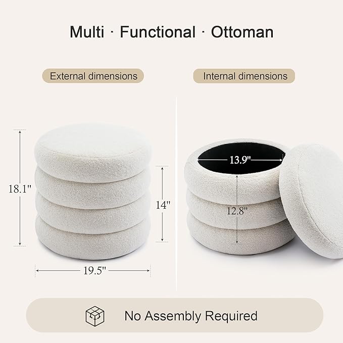 Flouki 19.5" Storage Ottoman Round, Vanity Stool