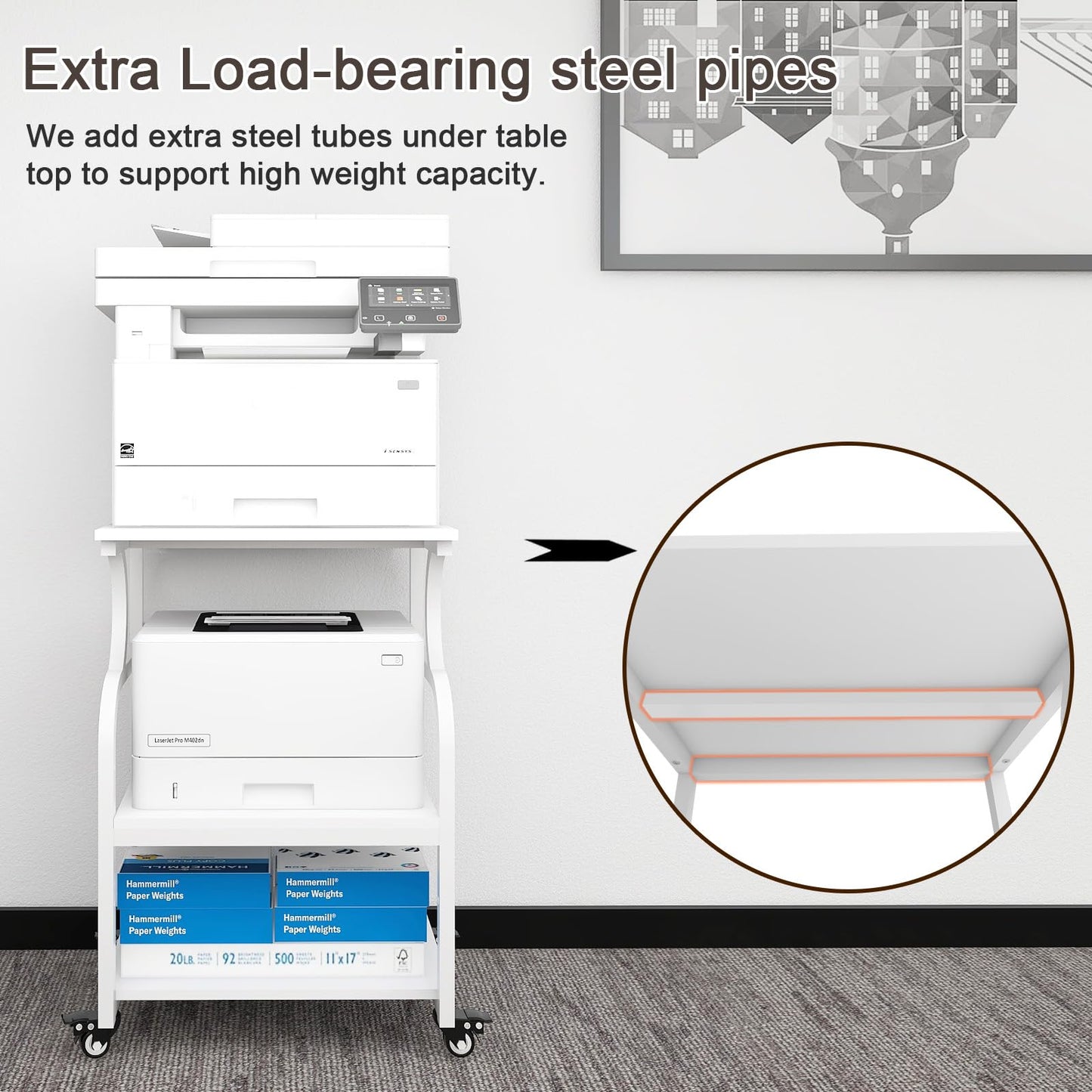 Natwind Large Printer Stand, 24''x20''x29'' Printer Table with Adjustable Storage Shelf, 3 Tier Rolling Cart with Wheels, Multifunctional Home Office Shelves for Heat Press, 3D Printer (White)