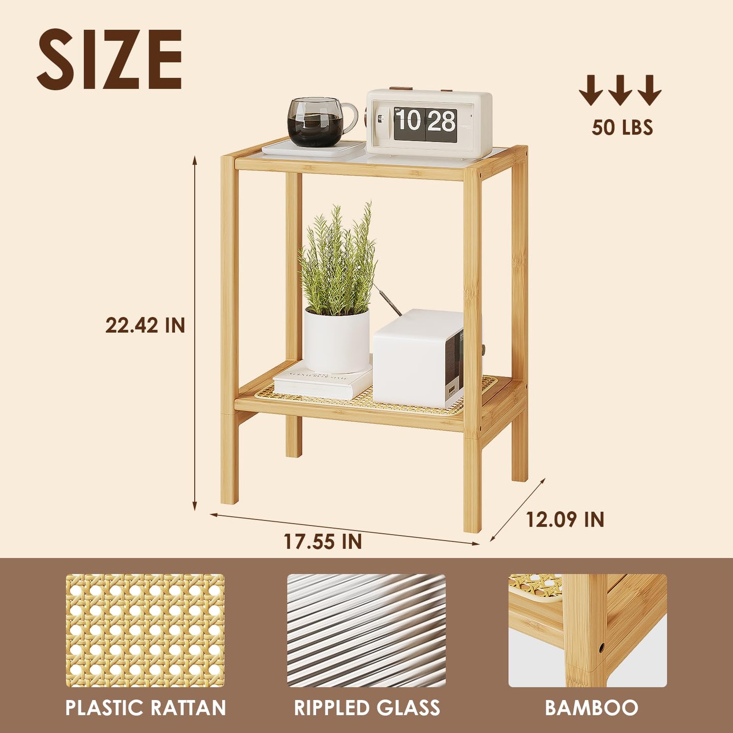 Bamworld Side Table Nature Rattan Night Stand Glass End Table 2-Tier with Storage Boho Bedside Table for Small Spaces Bamboo Coffee Table for Bedroom Living Room