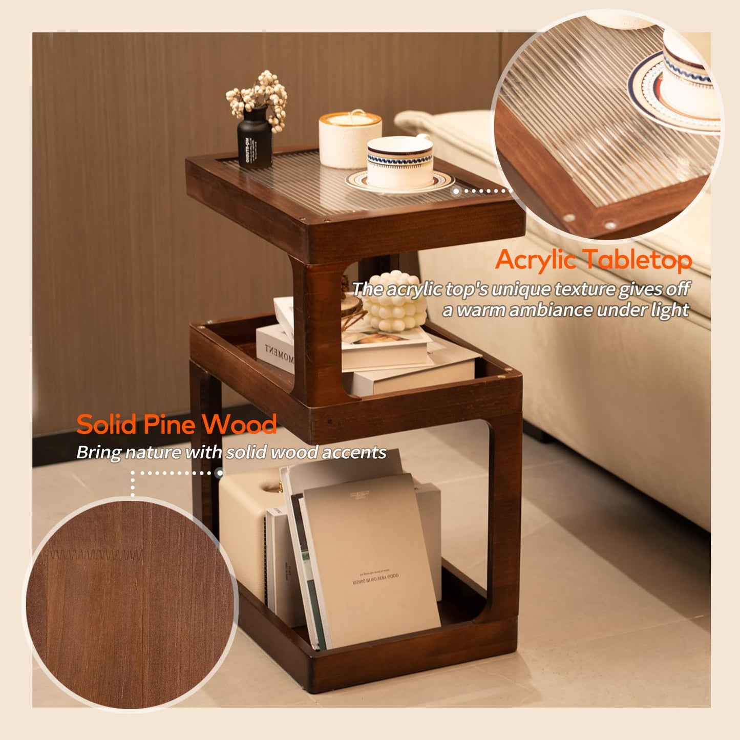 CheerNest Solid Wood End Table, 3-Tier Small Side Table with Fluted Acrylic Top, Rectangular Geometric Retro Accent Table with Open Storage for Small Spaces, Living Room, Bedroom, 100% Pine, Brown