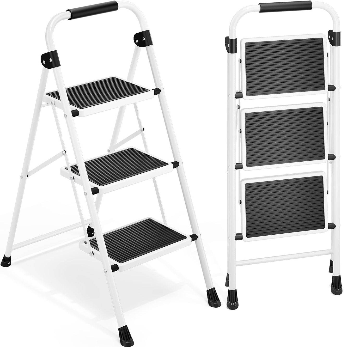 Urackify Step Ladder, 3 Step Ladder with Anti-Slip and Wide Pedal, Portable Foldable Step Stool with Handgrip, Sturdy Step Ladder for Home Kitchen Household, White