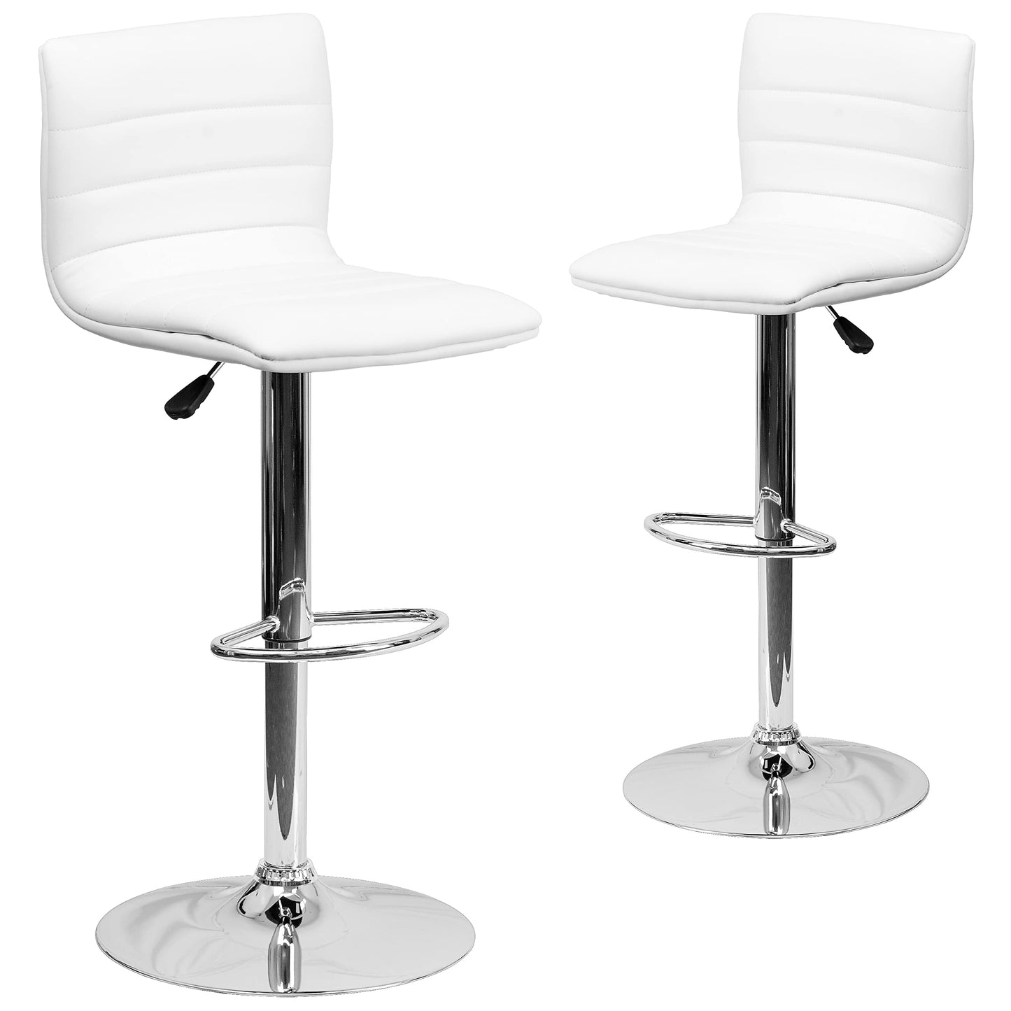 Flash Furniture Vincent 2 Pack Modern White Vinyl Adjustable Bar Stool with Back, Counter Height Swivel Stool with Chrome -Pedestal Base