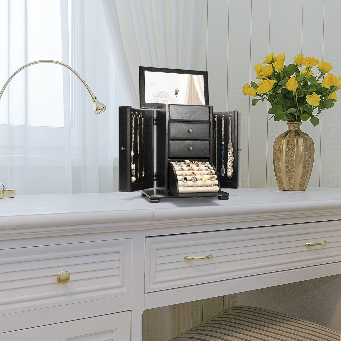 Emfogo Jewelry Box for Women, Rustic Wooden Jewelry Boxes & Organizers with Mirror, 4 Layer Jewelry Organizer Box Display for Rings Earrings Necklaces Bracelets (Black)