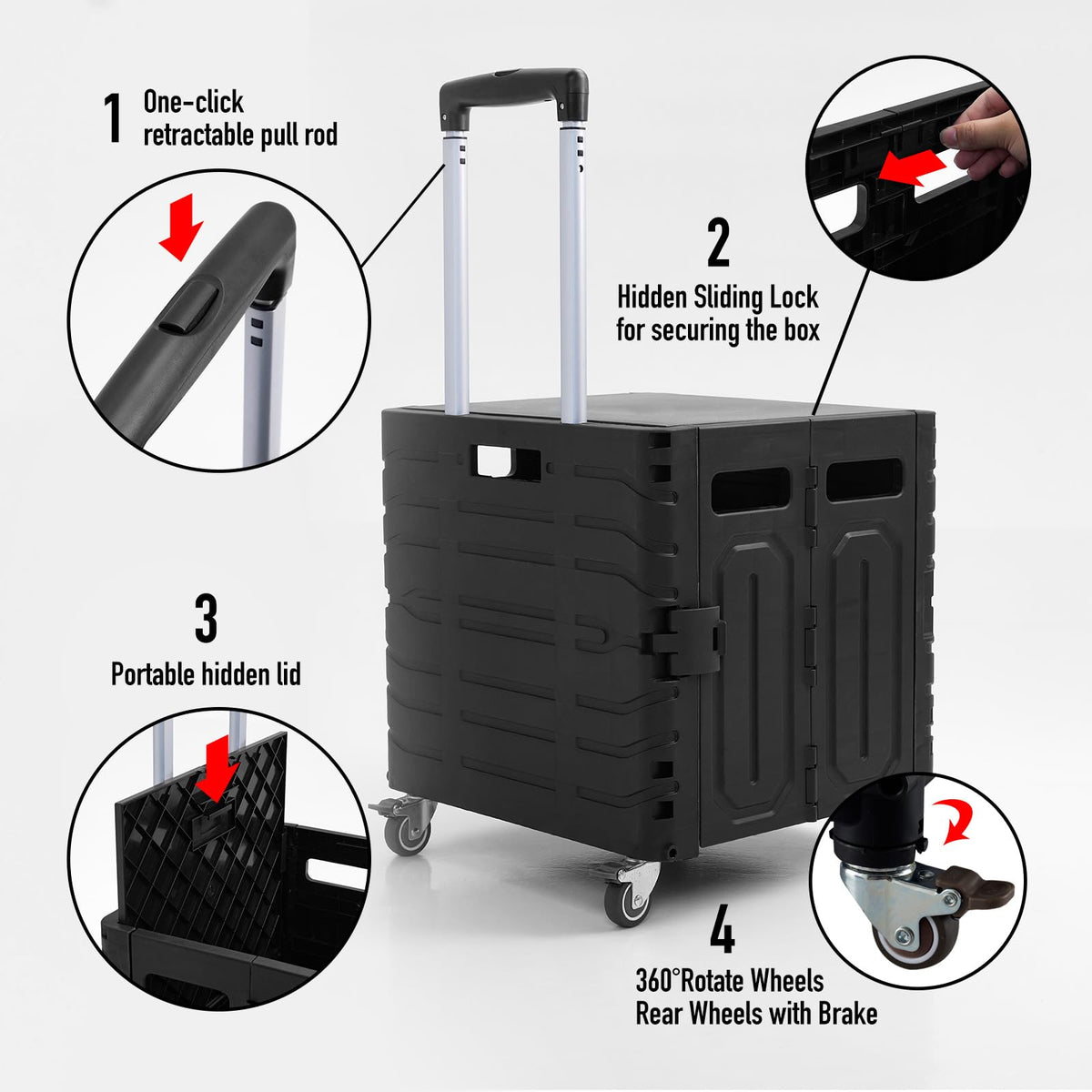 Folding Utility Cart Black Portable Rolling Crate Handcart Foldable Shopping Trolley Collapsible, with Lid, on Wheels, for Grocery, Garden, Office, Storage, Teacher, Tool (Black)