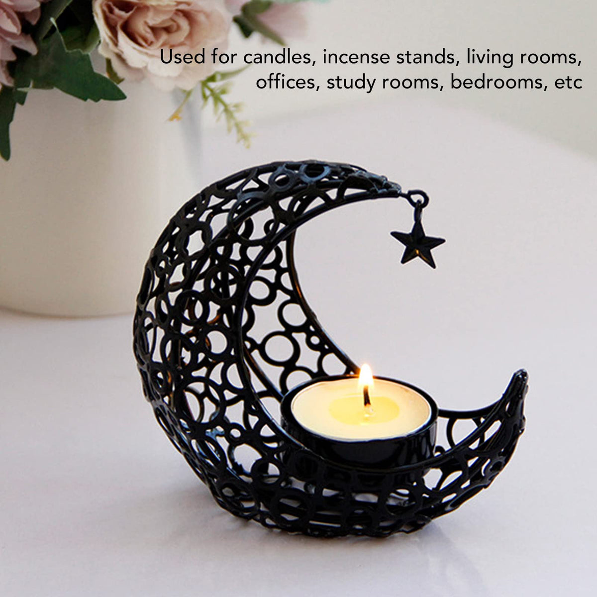 BSTiltion Moon Candlestick Holder Iron Hollowed Candle Holder with Elegant Design for Home Decor Wedding Christmas Decoration (Black)