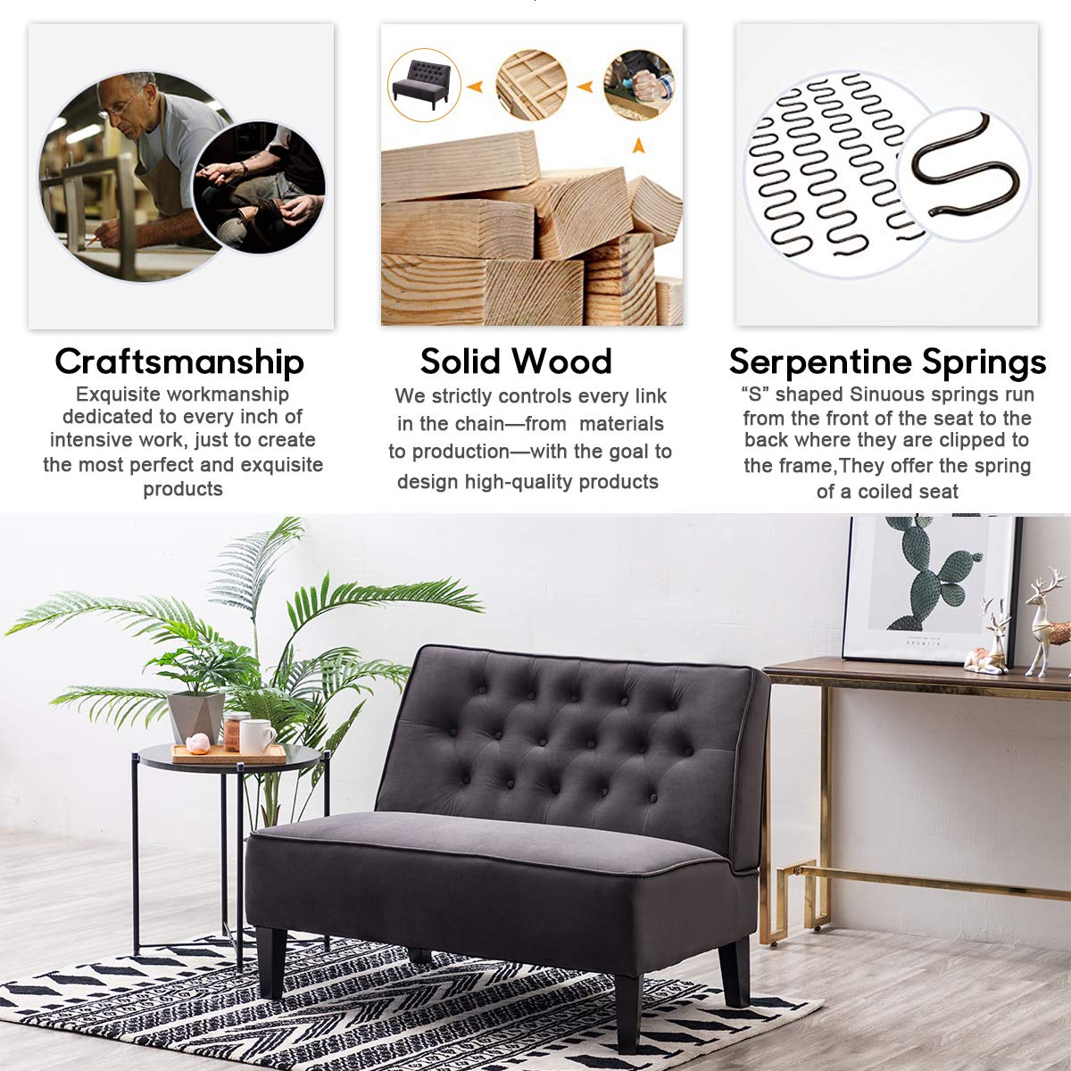 Alunaune Upholstered Loveseat Couch for Living Room, Armless Bedroom Settee Small Love Seat Sofa Tufted Button Dining Room Bench - Dark Grey