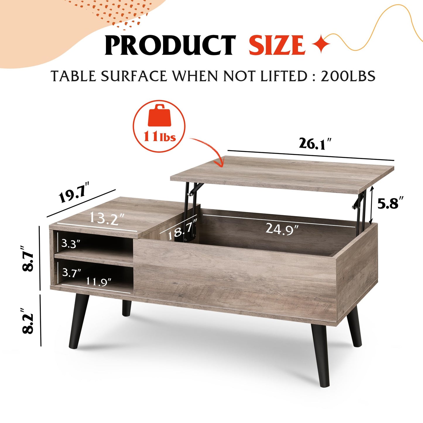 WLIVE Lift Top Coffee Table for Living Room,Small Coffee Table with Storage, Adjustable Shelf and Storage Compartment, Mid Century Modern Living Room Table, Greige