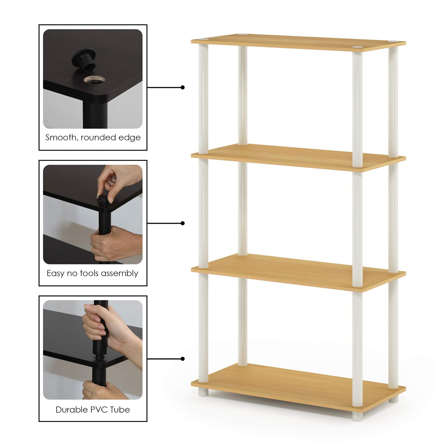 Furinno Turn-N-Tube 4-Tier Multipurpose Shelf Display Rack, Round Tubes, Blonde Maple/White