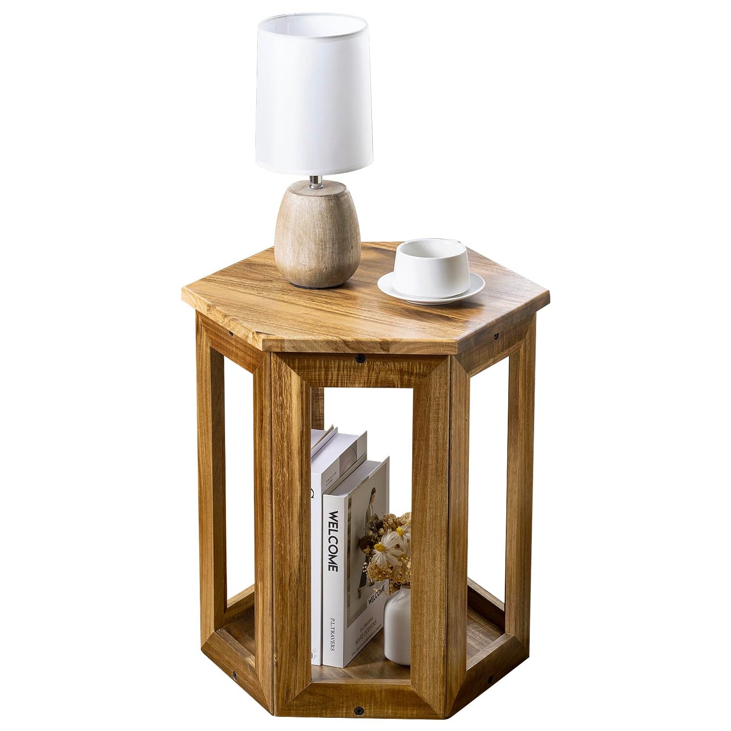 MyGift Hexagon Acacia Wood End Table with Shelf – 20-Inch Tall Small Side Table for Living Room or Bedroom