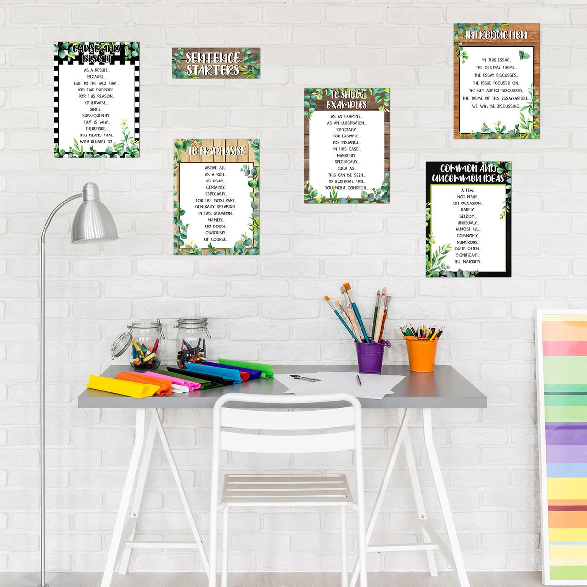 Dunzoom 9 Pieces Sentence Starters Posters Descriptive Vocabulary Classroom Educational Posters English Grammar Chart Bulletin Board Decoration for Middle High School Classroom(Greenery Style)