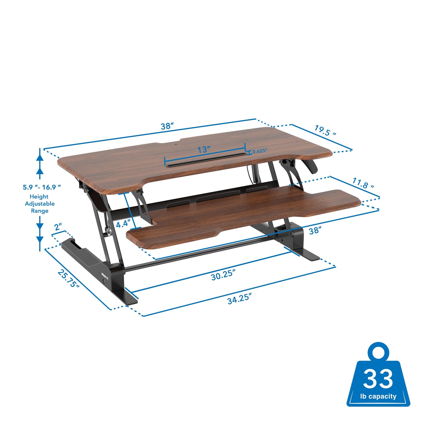 Mount-It! Large 38 Inch Standing Desk Converter, Sit Stand Desk Riser for Dual Monitors with Keyboard Tray, Height Adjustable Desktop Workstation, Easy Lift Gas Spring, Rustic Walnut Brown