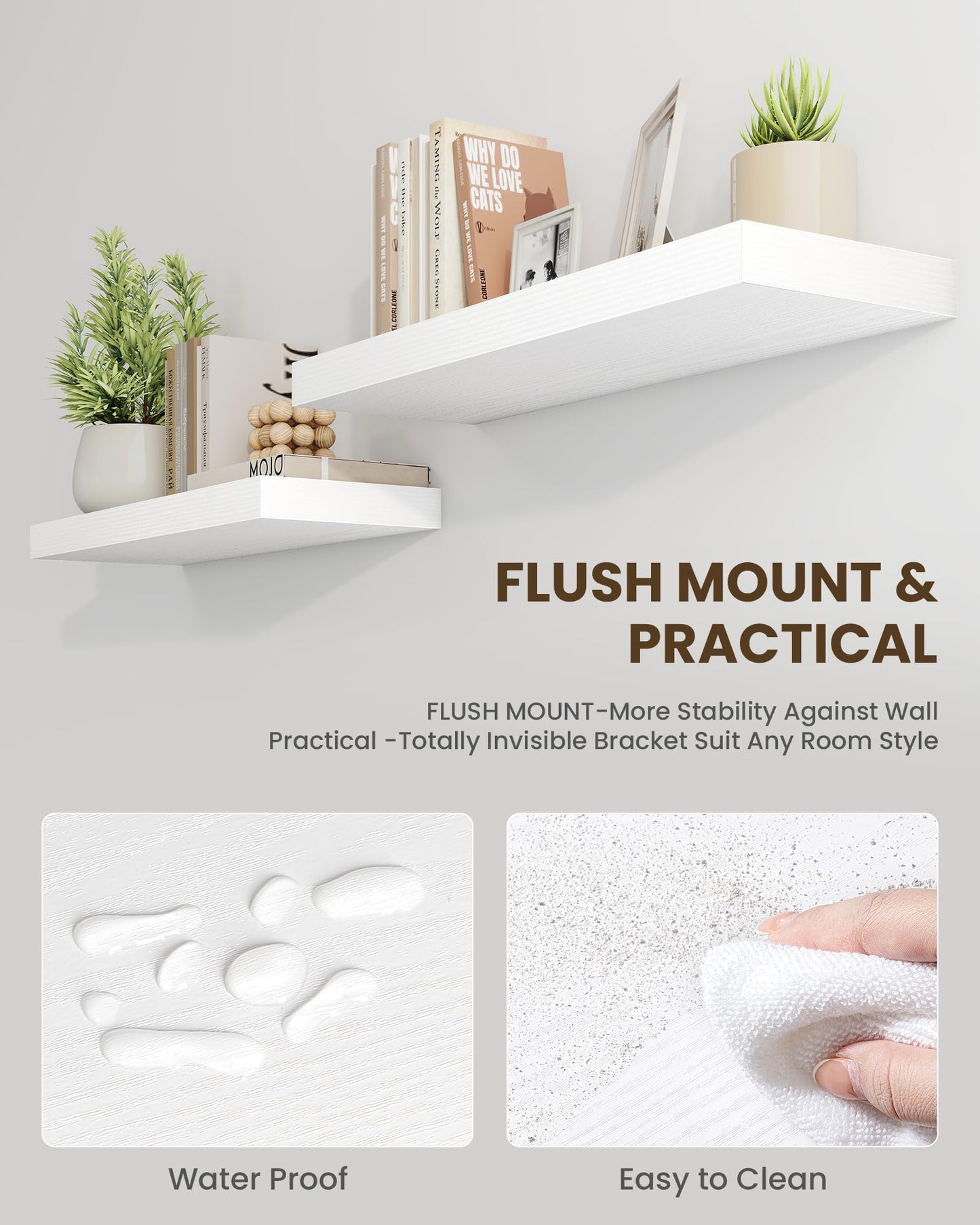 Marsmiles 16" Floating Shelves for Wall, Wooden Shelves with Invisible Brackets Set of 2, Rustic Farmhouse Wall Mounted Shelf for Kitchen Bathroom Living Room Study, White