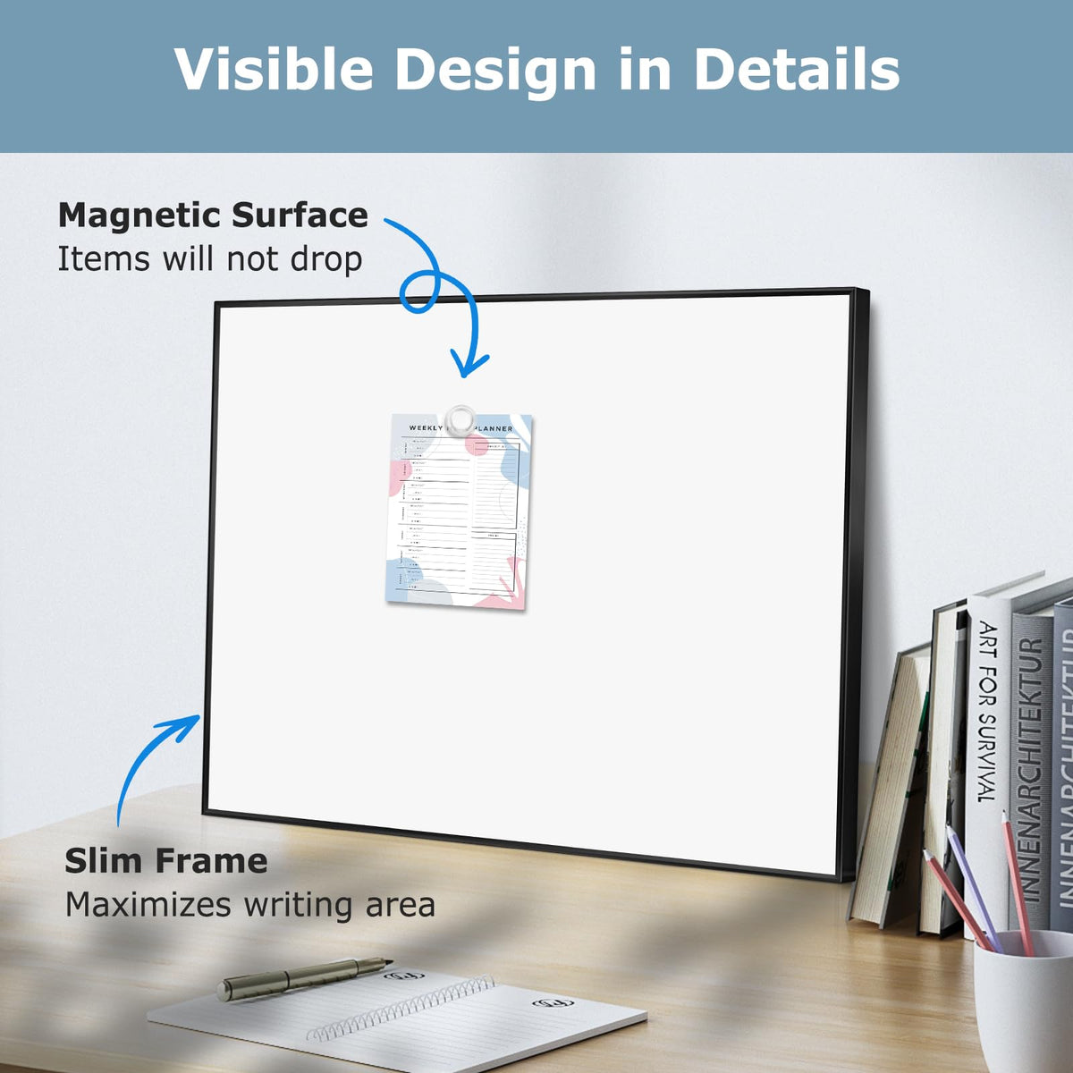 QUEENLINK Magnetic Whiteboard, 24"x18" Dry Erase White Board for Wall, Hanging Presentation Board for Home, Office, School, Black Aluminum Frame