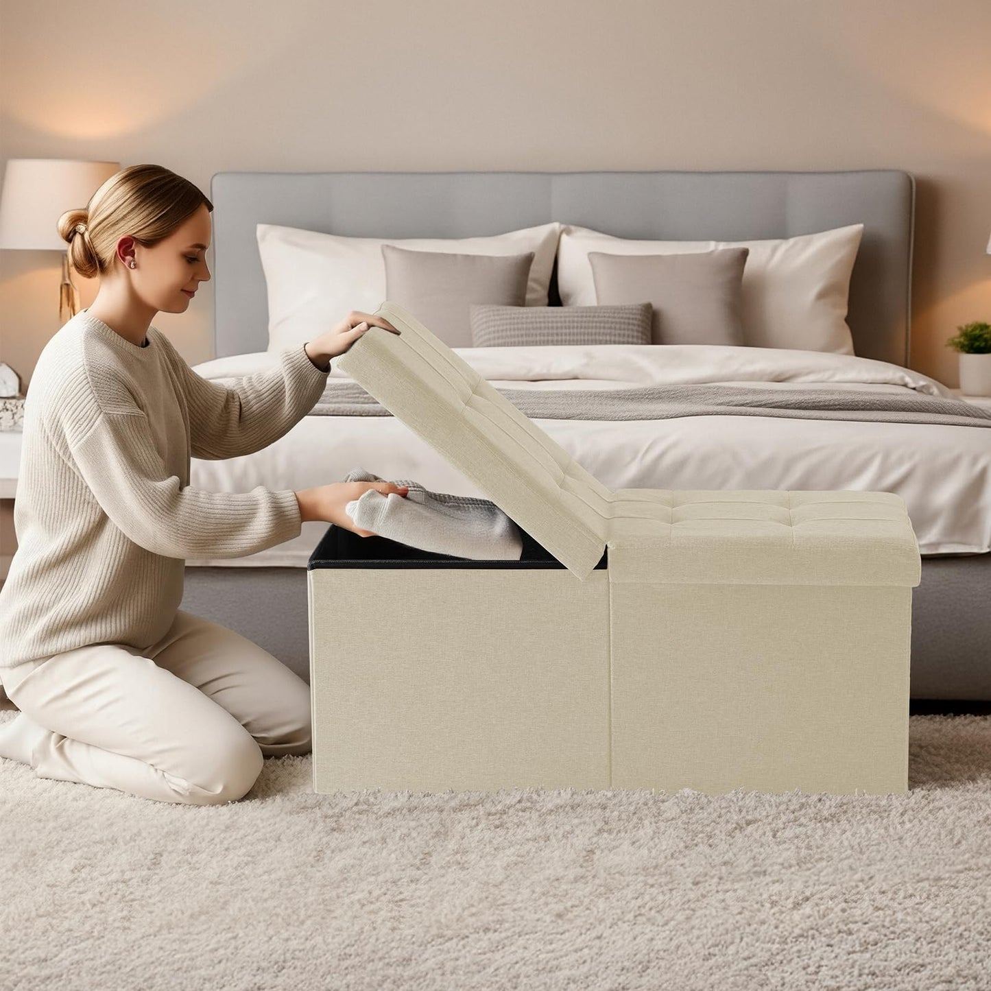 Snuvid 30-INCH Ottoman with Storage, Footrest Storage Bench, End of Bed Bench Coffee Table for Living Room, Bedroom, Entryway (Beige)
