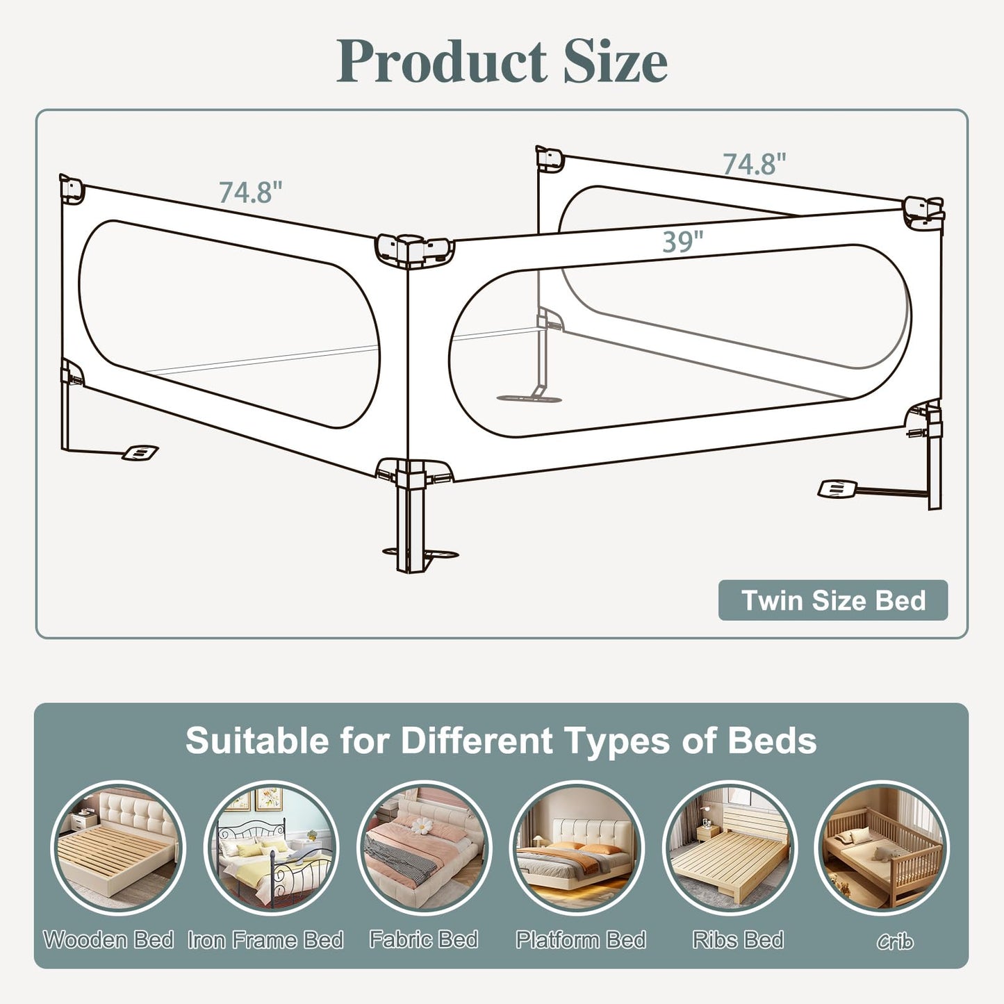 3 Piece Bed Rail for Toddlers, Bed Rails for King Bed, Double Lock Kids Bed Guard with Seamless Fit, Single-Side Lifting Design, Breathable Mesh & Thick Padded Cover (74.8*74.8*39 Inch- Twin Size)