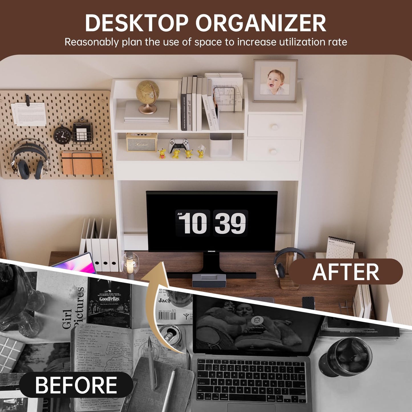 YGYQZ 2 Tier Desktop Bookshelf, Countertop Storage Hutch for Computer Desk, Desk Organizer Shelf with Vertical Storage, Multi-Functional Wood Desk Hutch for Home Office & Dorm, White