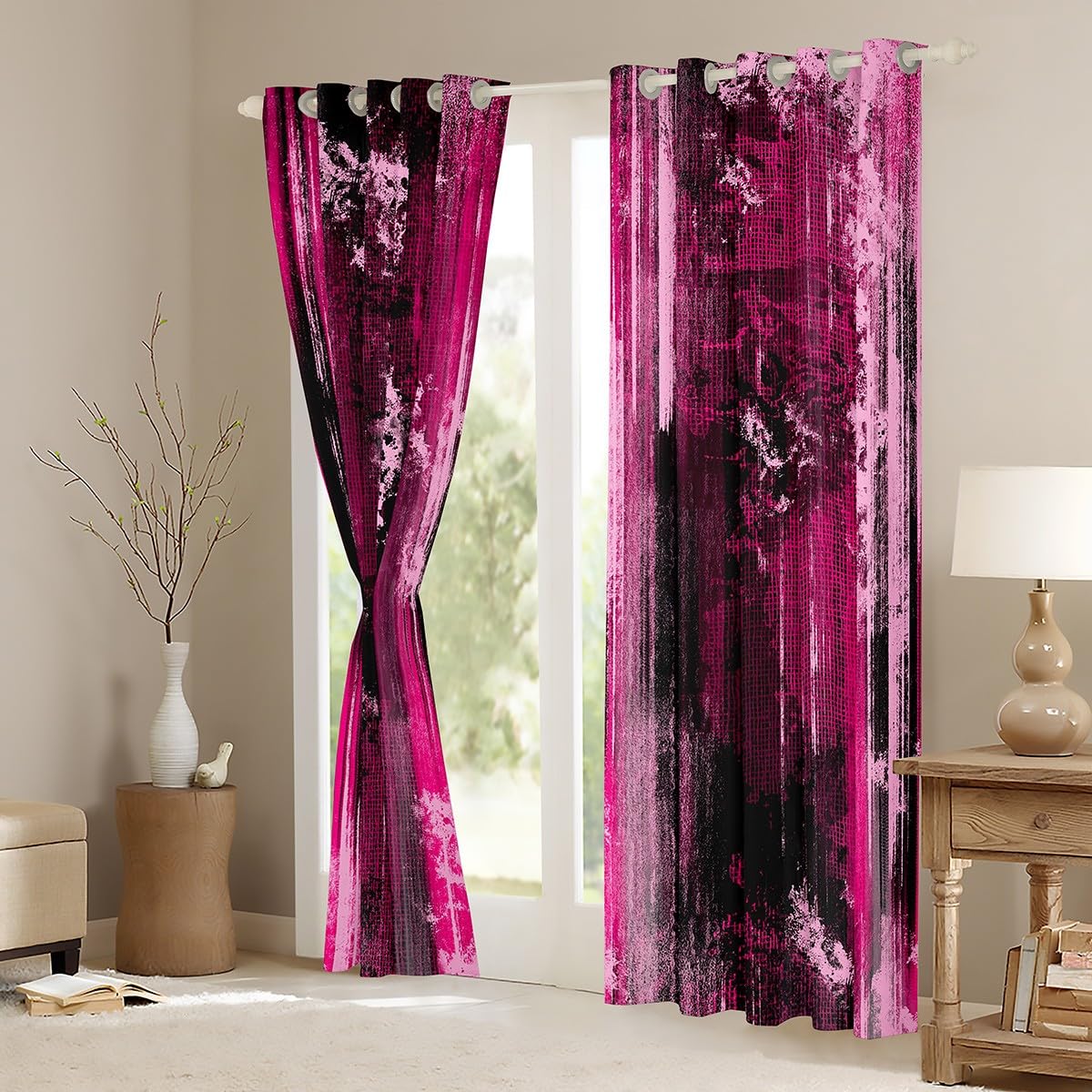 Feelyou Modern Abstract Art Curtains for Bedroom Living Room Abstract Blackout Darkening Drapes Hot Pink Black Window Treatments, 2 Panels 38 x 45 Inch Luxury Room Decor