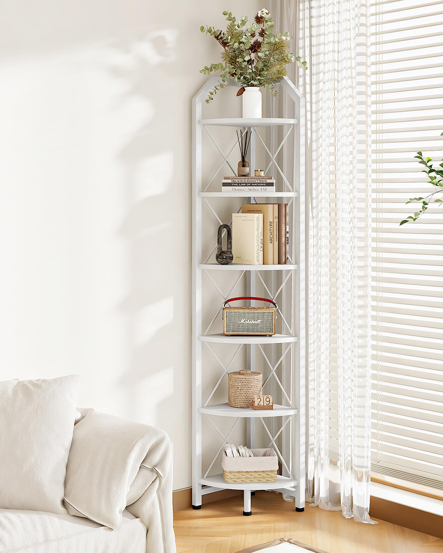 CHOEZON 6-Tier Industrial Corner Shelf, 71.2" Corner Storage Stand, Plant Stand Display Shelf, Corner Bookcase for Bedroom, Living Room, Home Office, White TCJ11WB